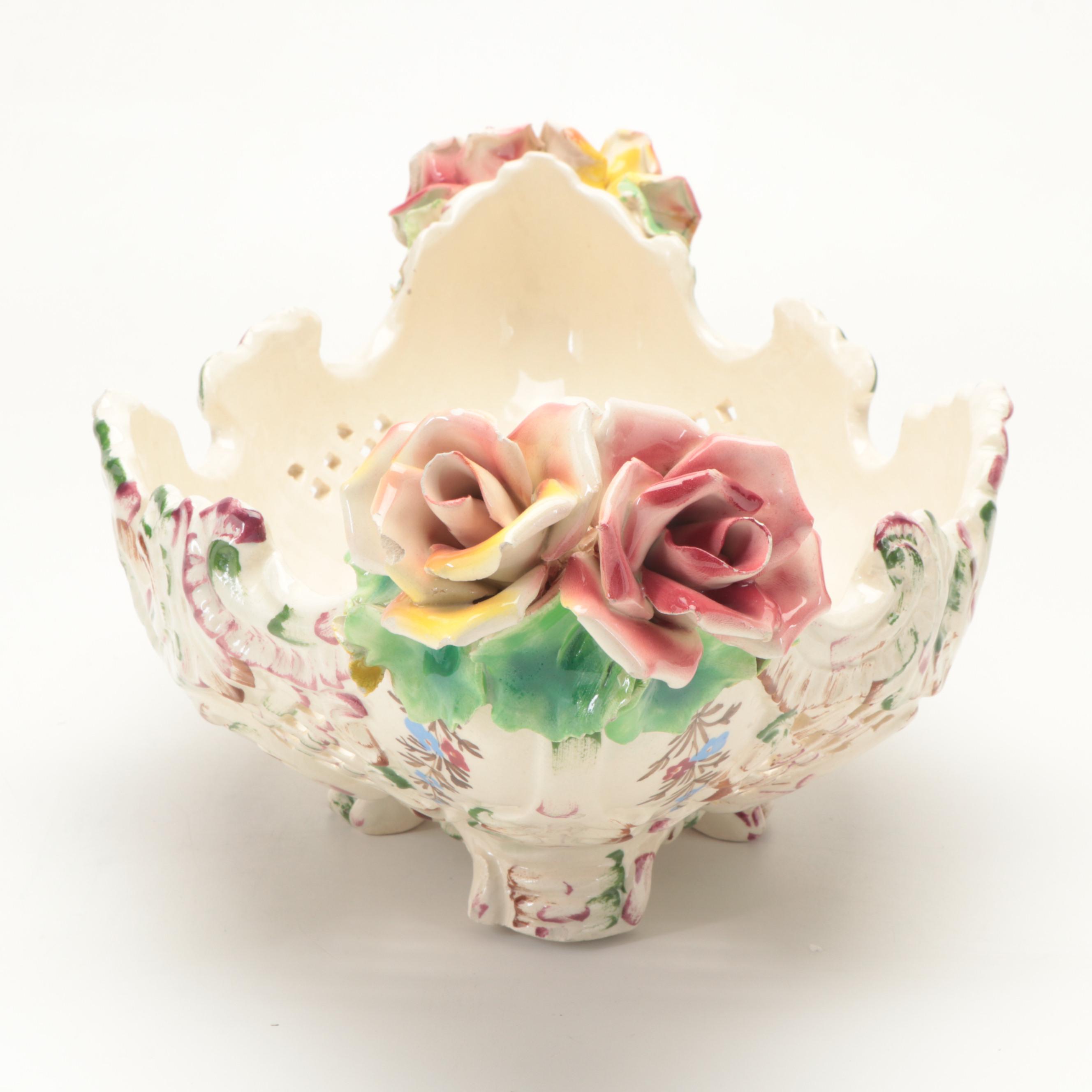 European Faïence Reticulated Ceramic Centerpiece Bowl with Applied Flowers