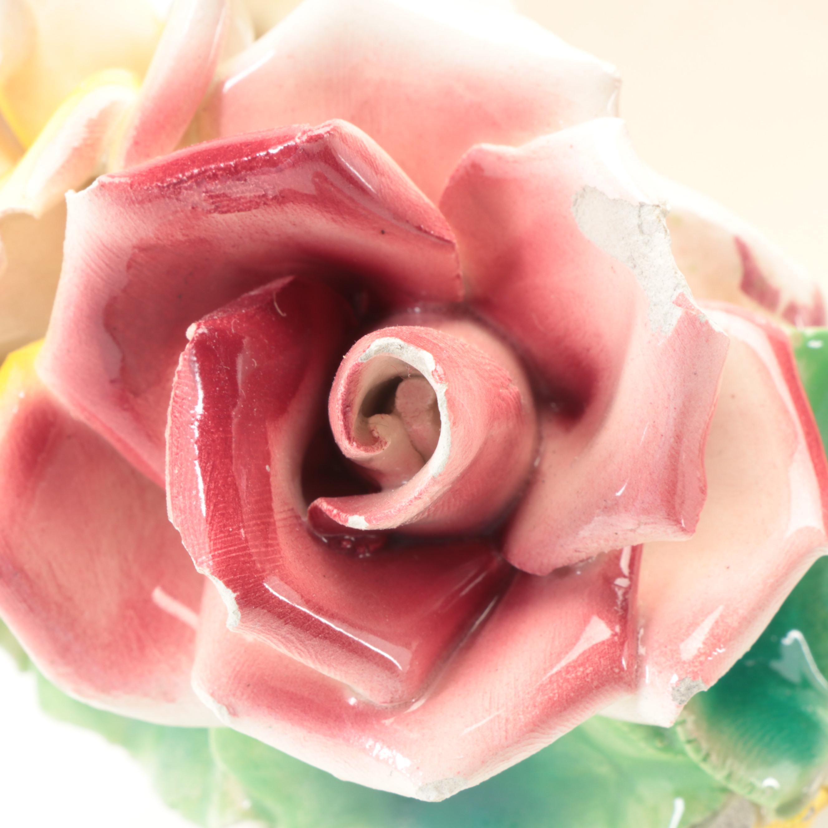 European Faïence Reticulated Ceramic Centerpiece Bowl with Applied Flowers