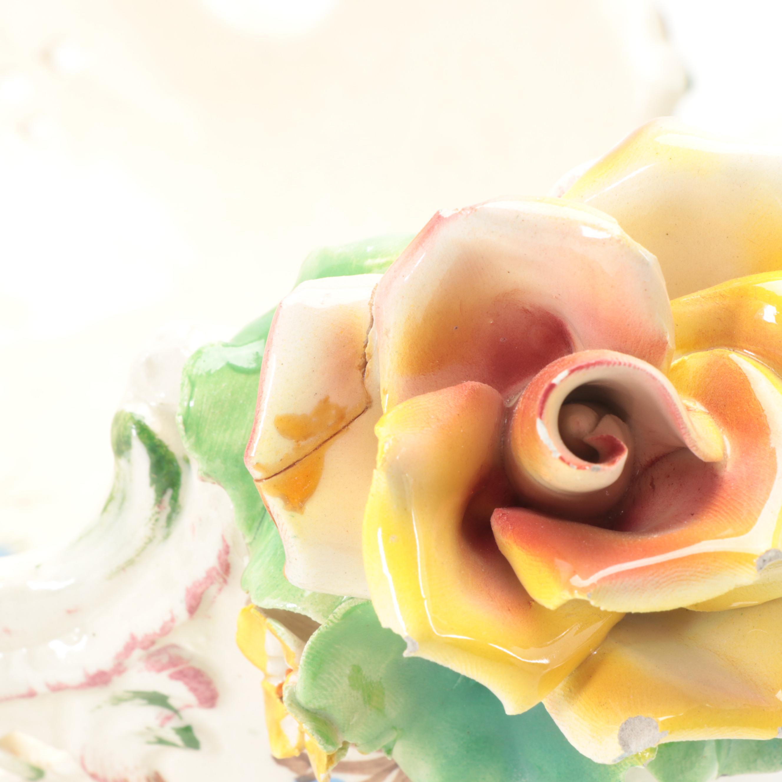 European Faïence Reticulated Ceramic Centerpiece Bowl with Applied Flowers