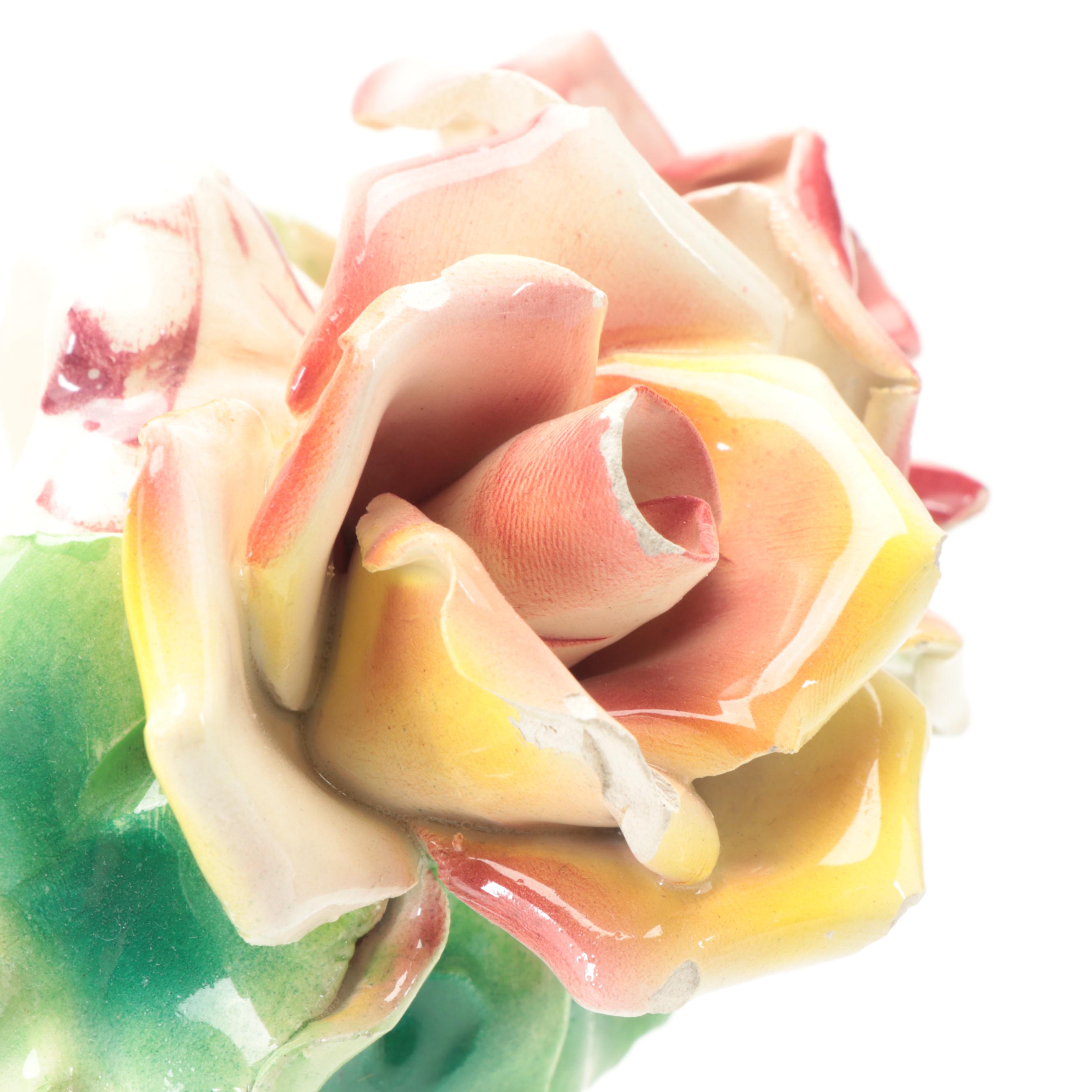 European Faïence Reticulated Ceramic Centerpiece Bowl with Applied Flowers