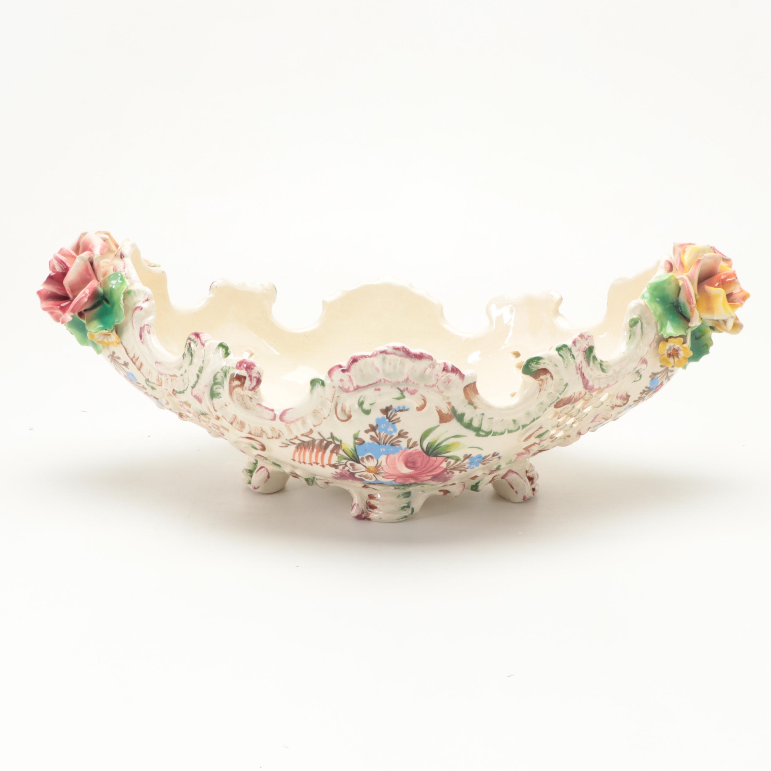 European Faïence Reticulated Ceramic Centerpiece Bowl with Applied Flowers
