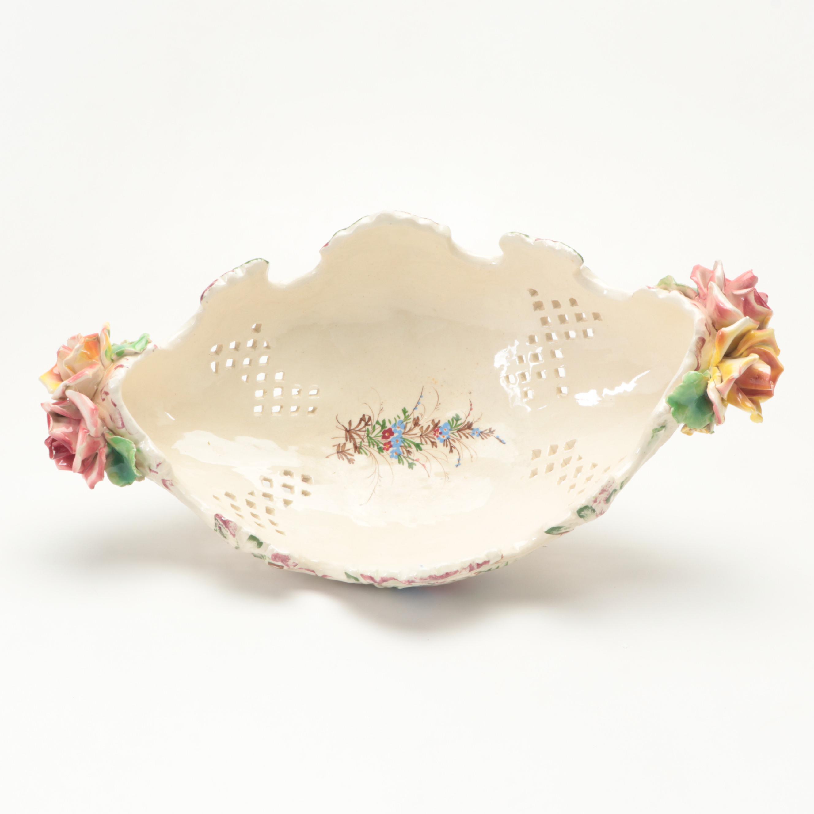 European Faïence Reticulated Ceramic Centerpiece Bowl with Applied Flowers