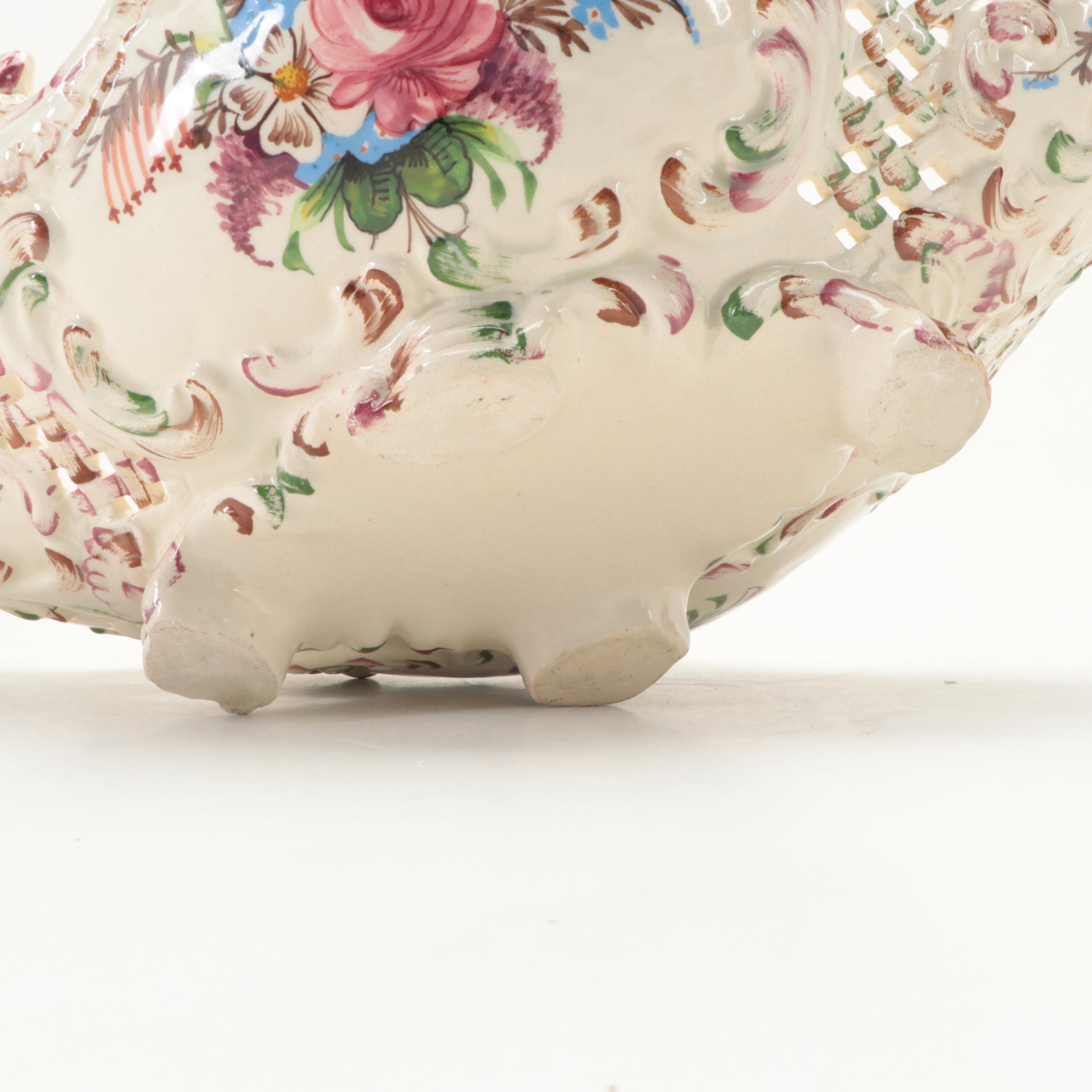 European Faïence Reticulated Ceramic Centerpiece Bowl with Applied Flowers