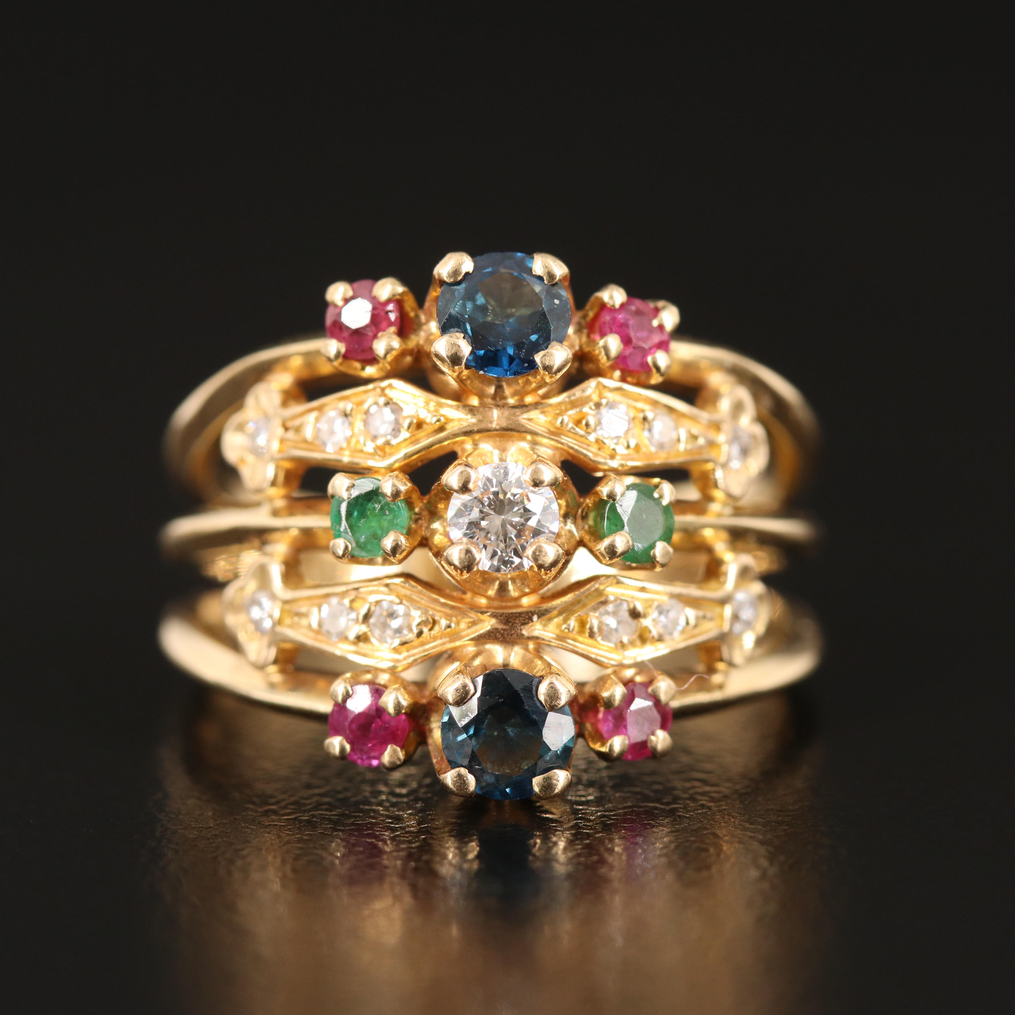 18K Multi Row Sapphire, Ruby and Emerald Ring with Diamond Accents