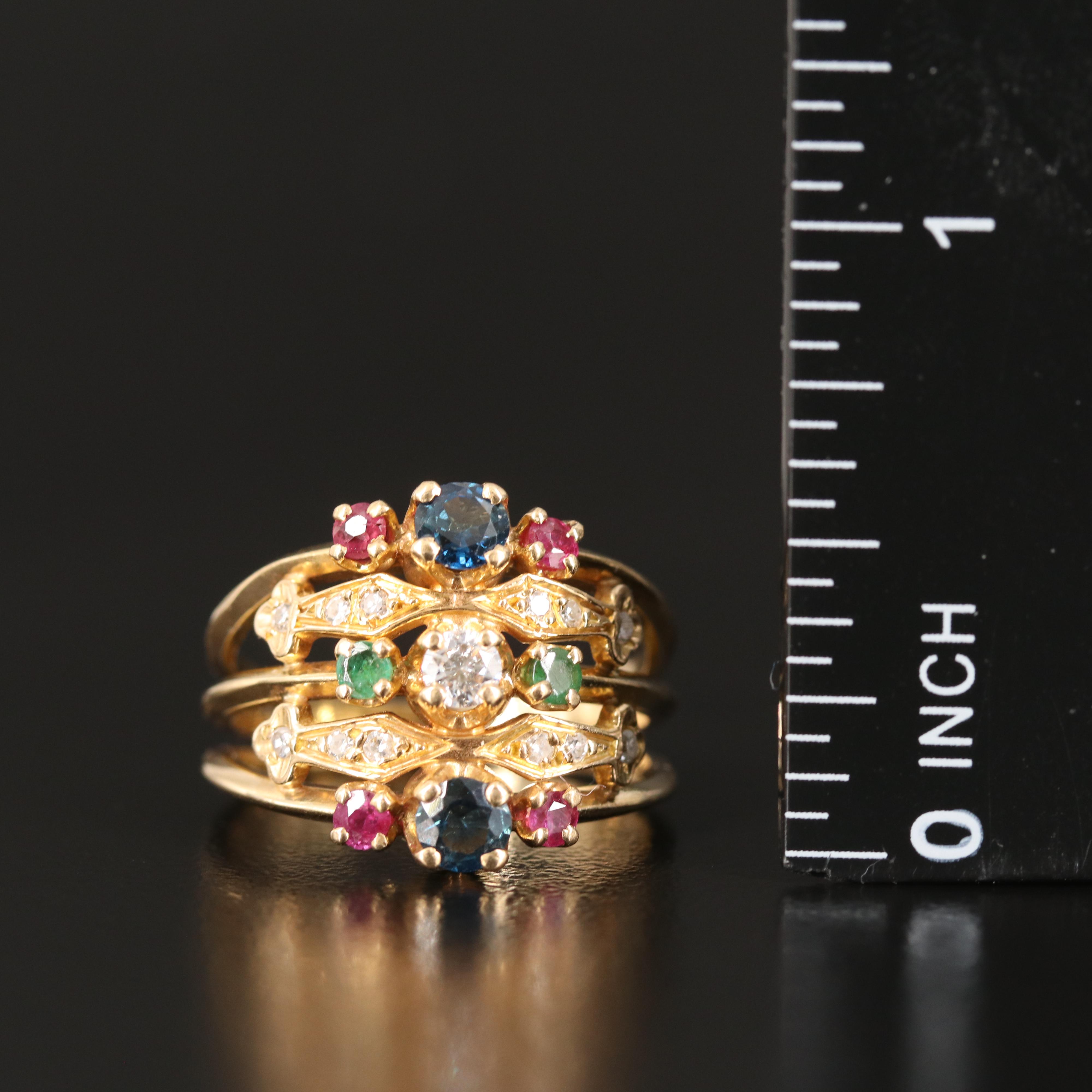 18K Multi Row Sapphire, Ruby and Emerald Ring with Diamond Accents