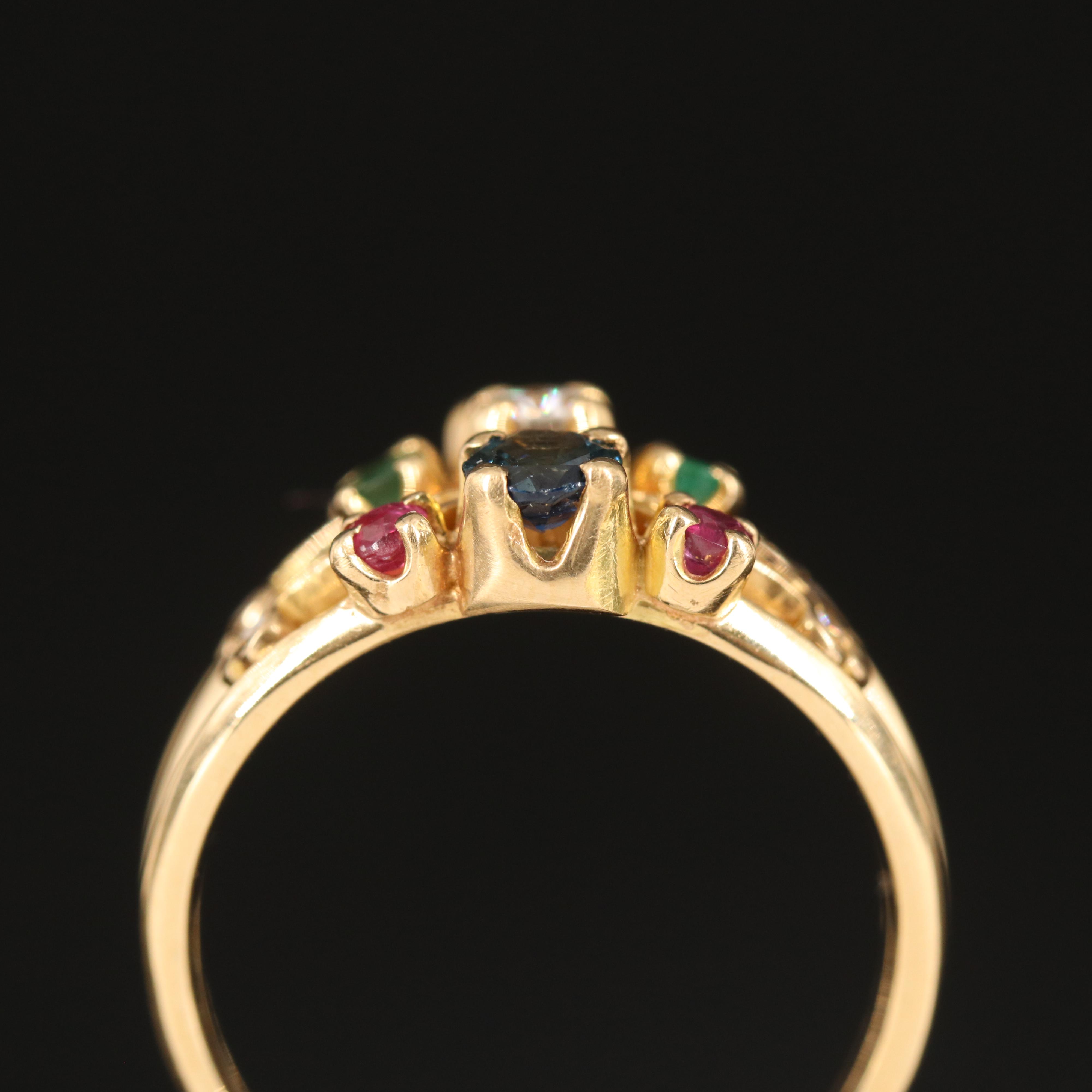 18K Multi Row Sapphire, Ruby and Emerald Ring with Diamond Accents