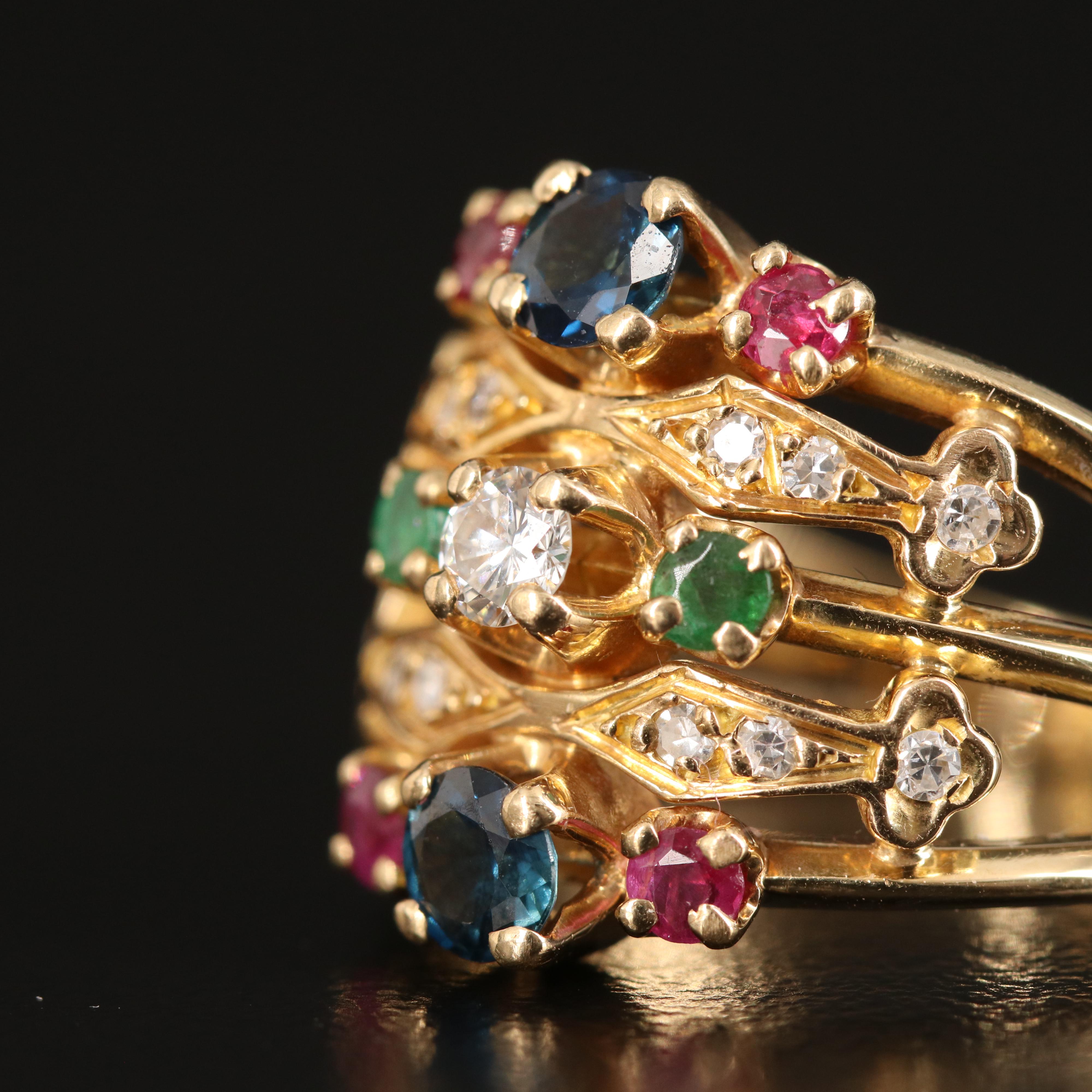 18K Multi Row Sapphire, Ruby and Emerald Ring with Diamond Accents