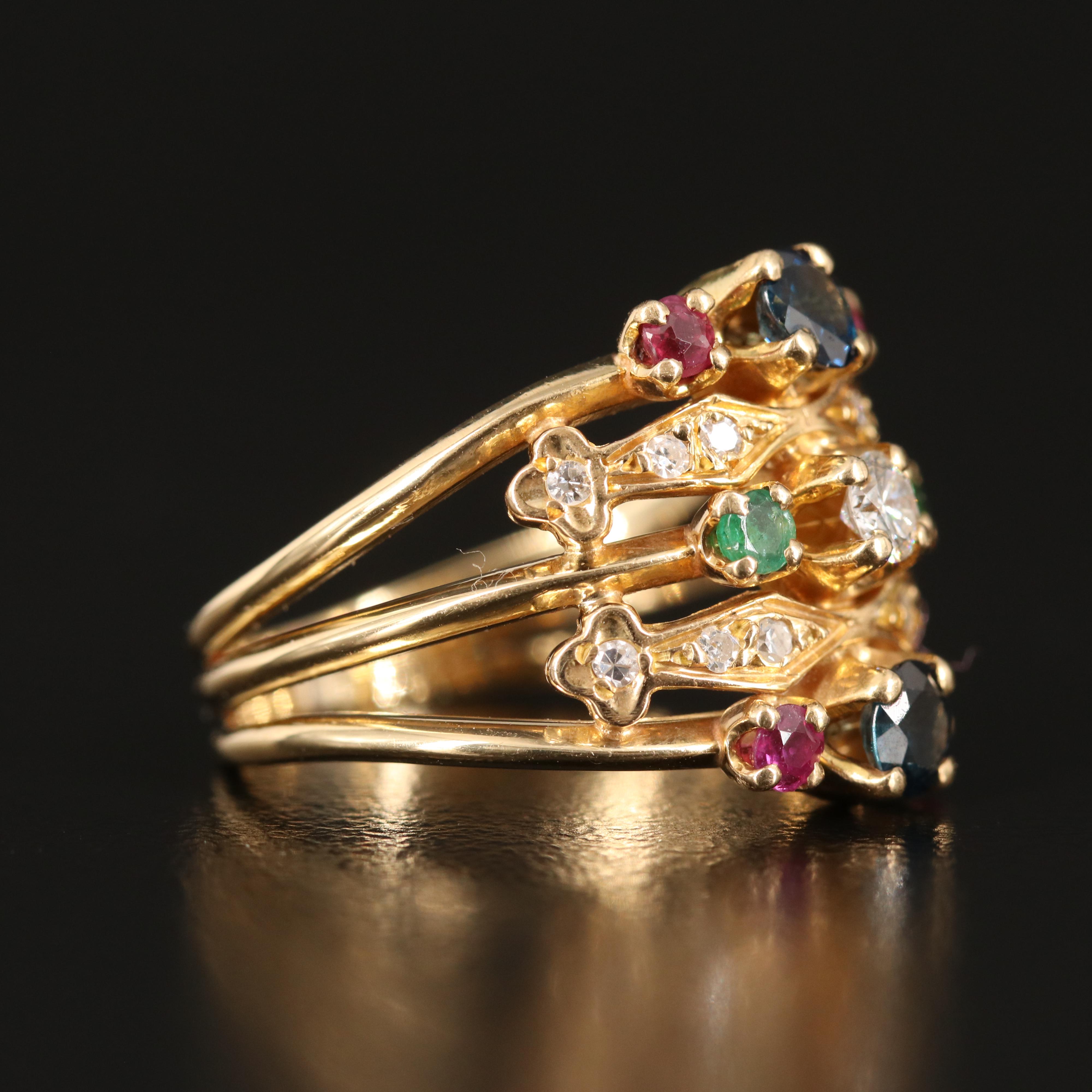 18K Multi Row Sapphire, Ruby and Emerald Ring with Diamond Accents