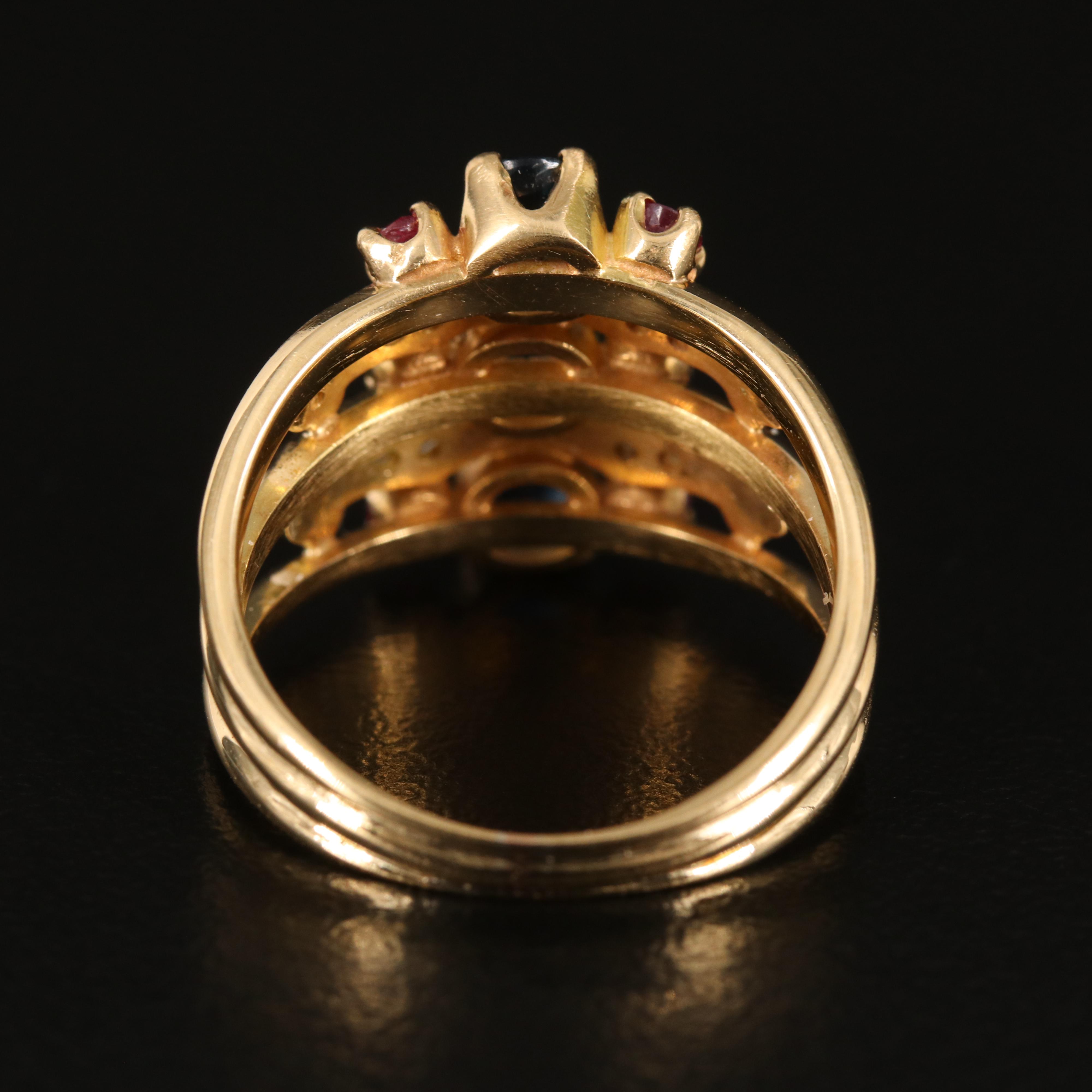 18K Multi Row Sapphire, Ruby and Emerald Ring with Diamond Accents