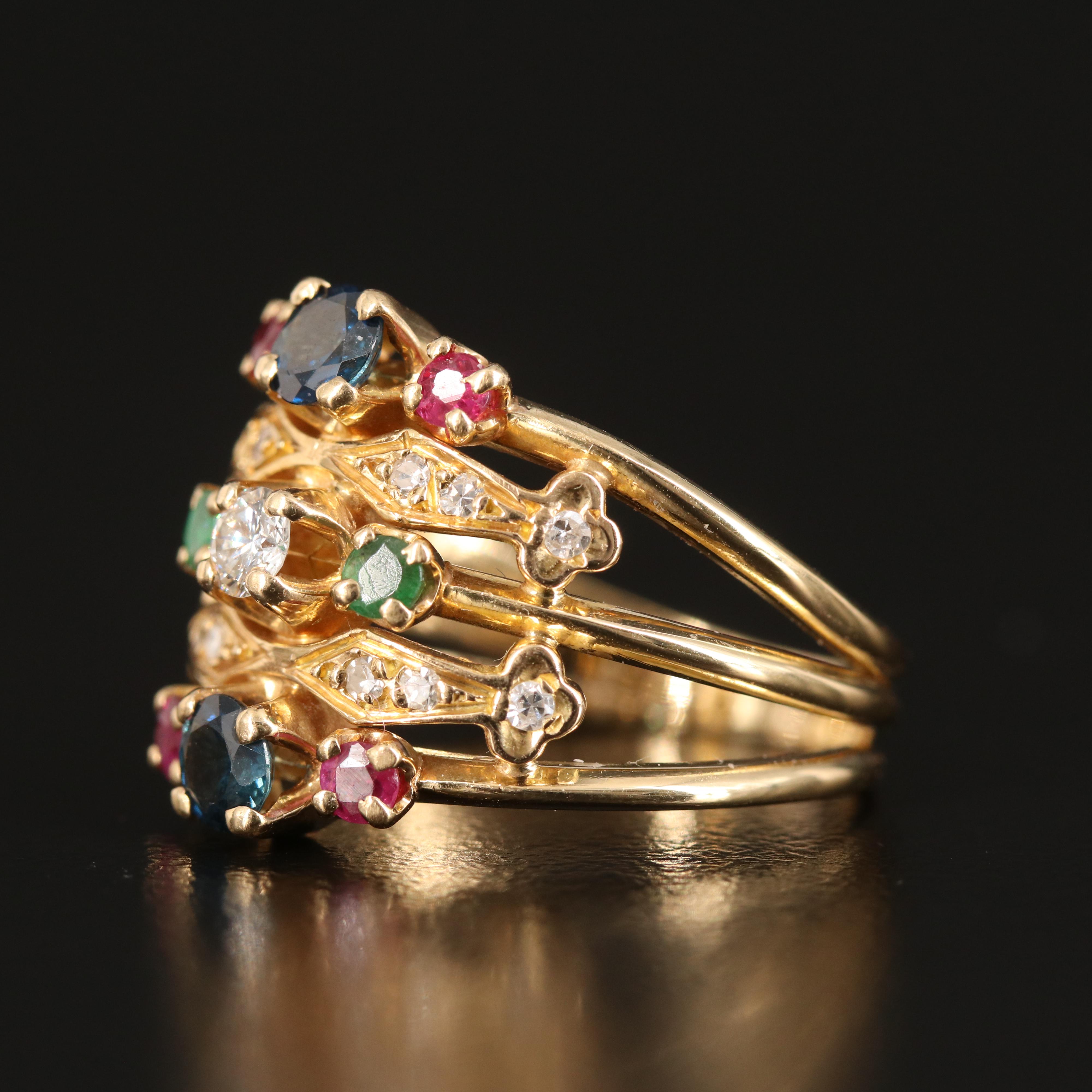 18K Multi Row Sapphire, Ruby and Emerald Ring with Diamond Accents