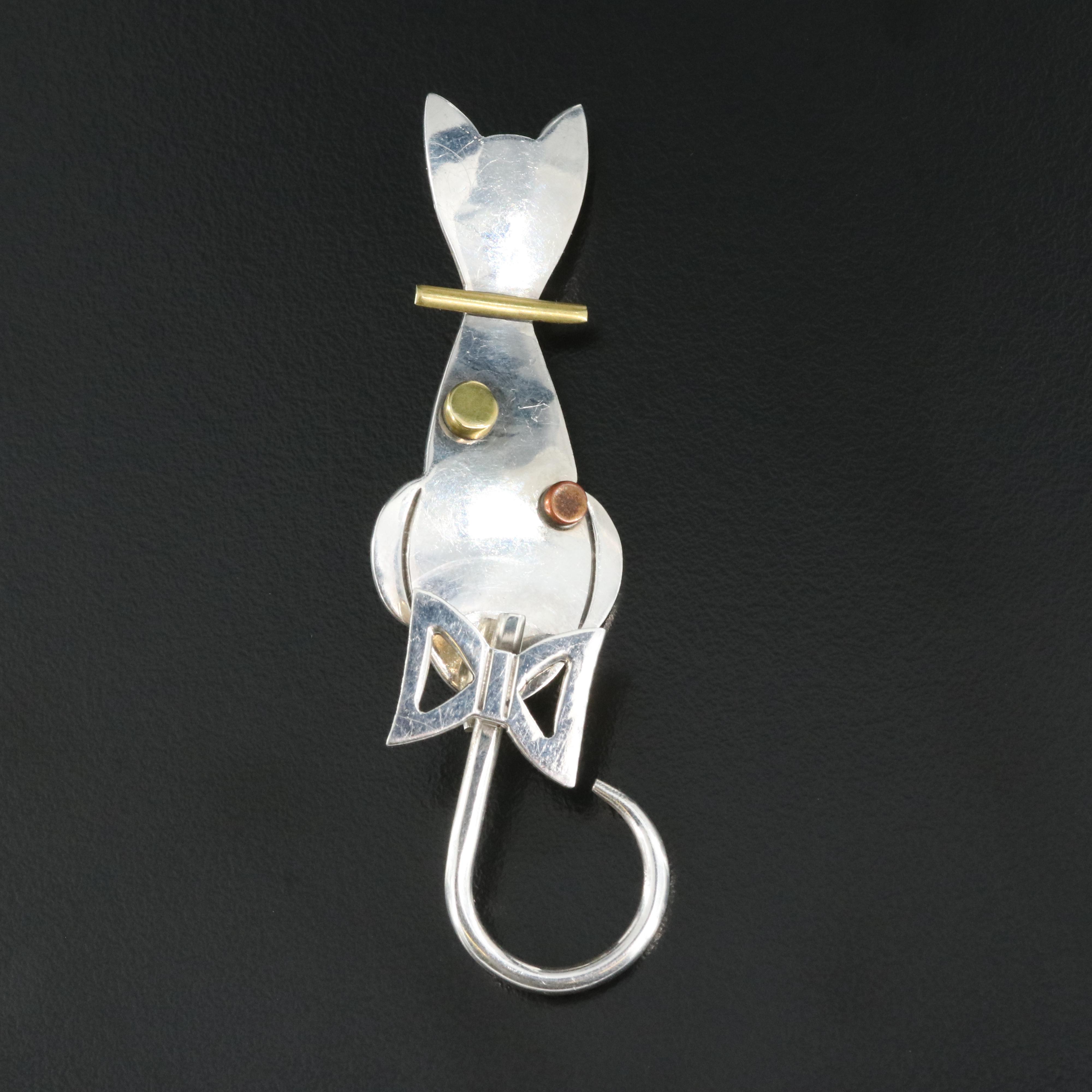 Mexican Signed Sterling Cat Brooch with Articulated Tail