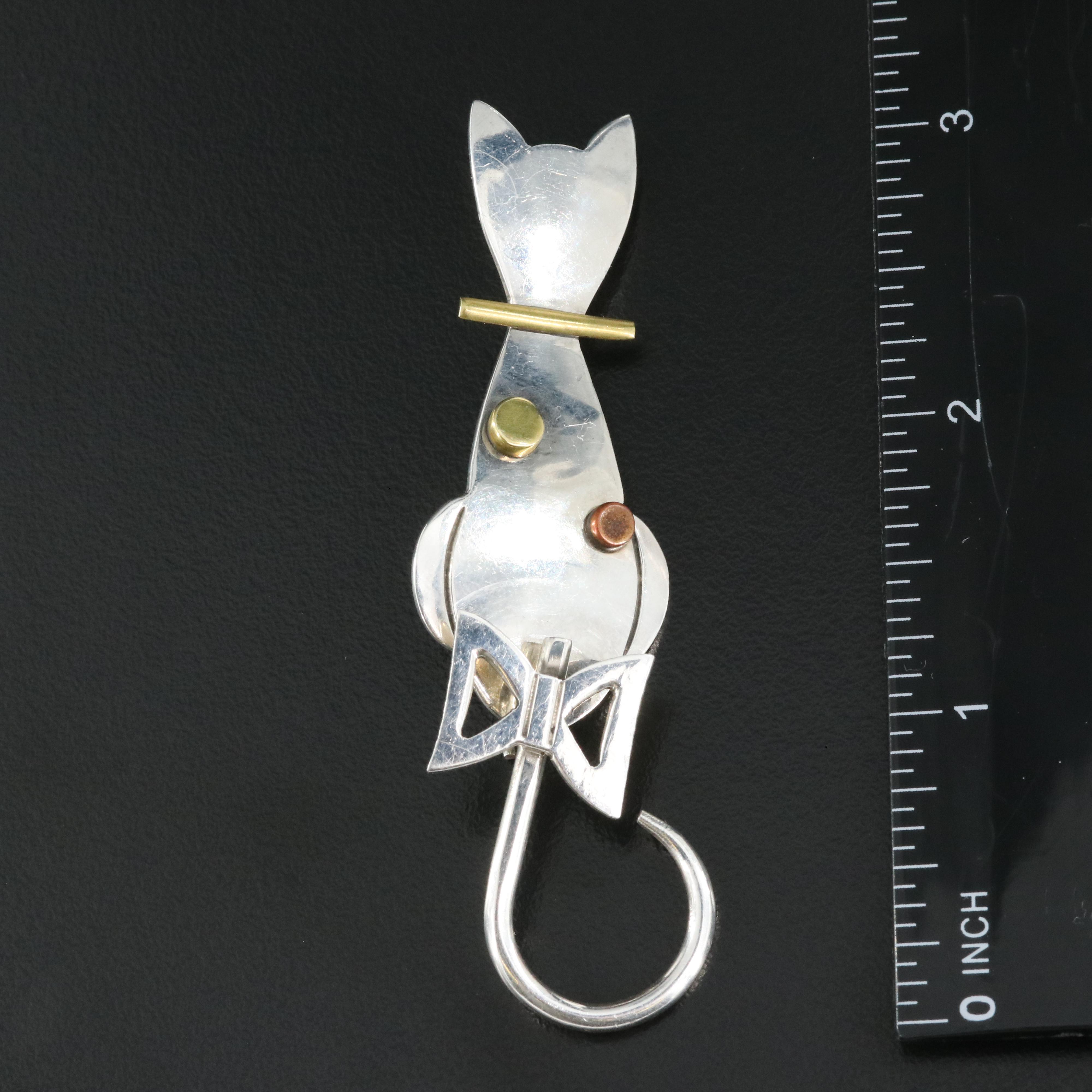 Mexican Signed Sterling Cat Brooch with Articulated Tail