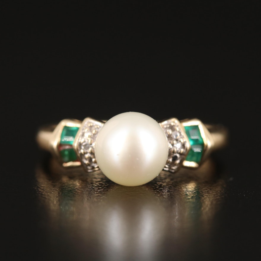 14K Pearl Ring with Emerald and Diamond Accents