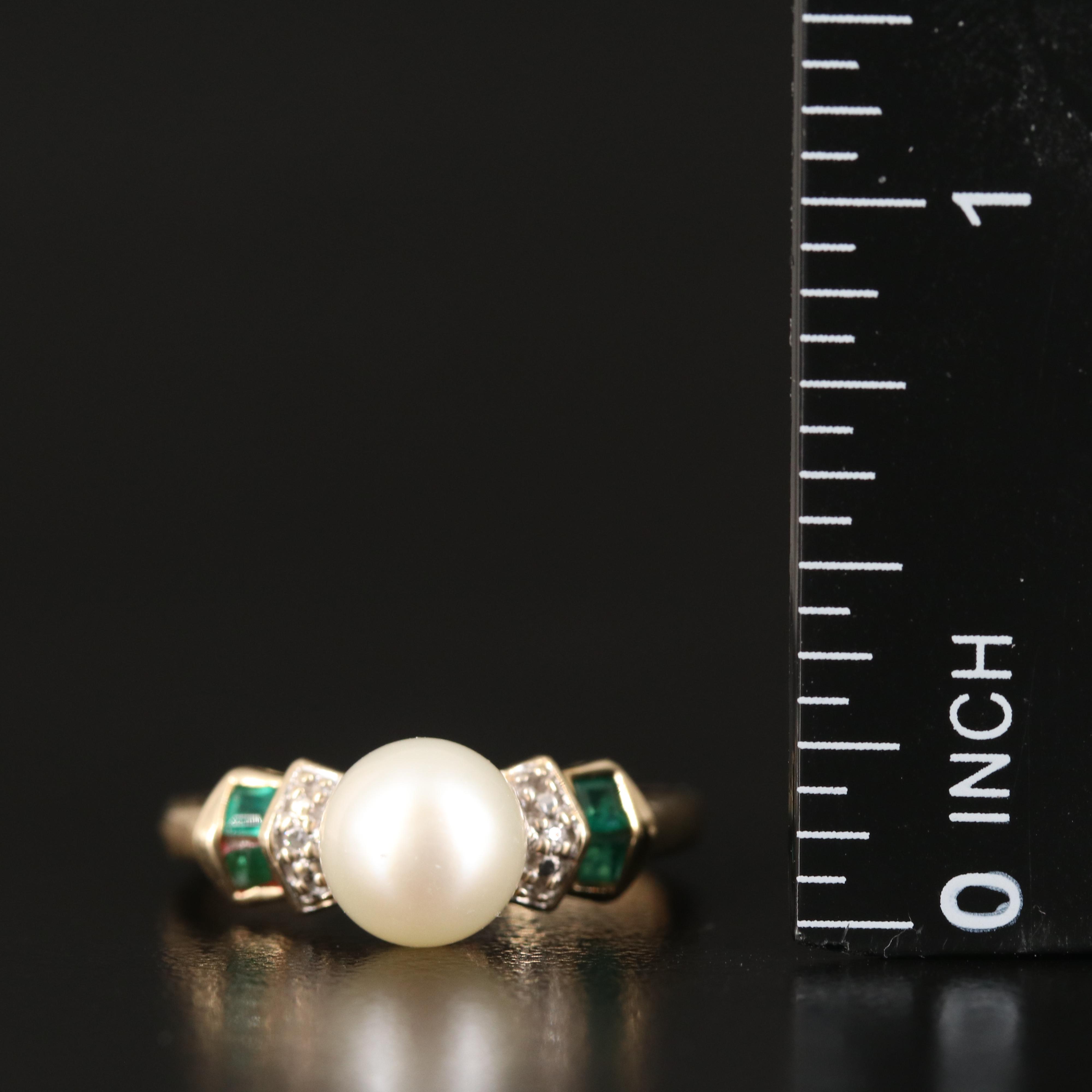 14K Pearl Ring with Emerald and Diamond Accents