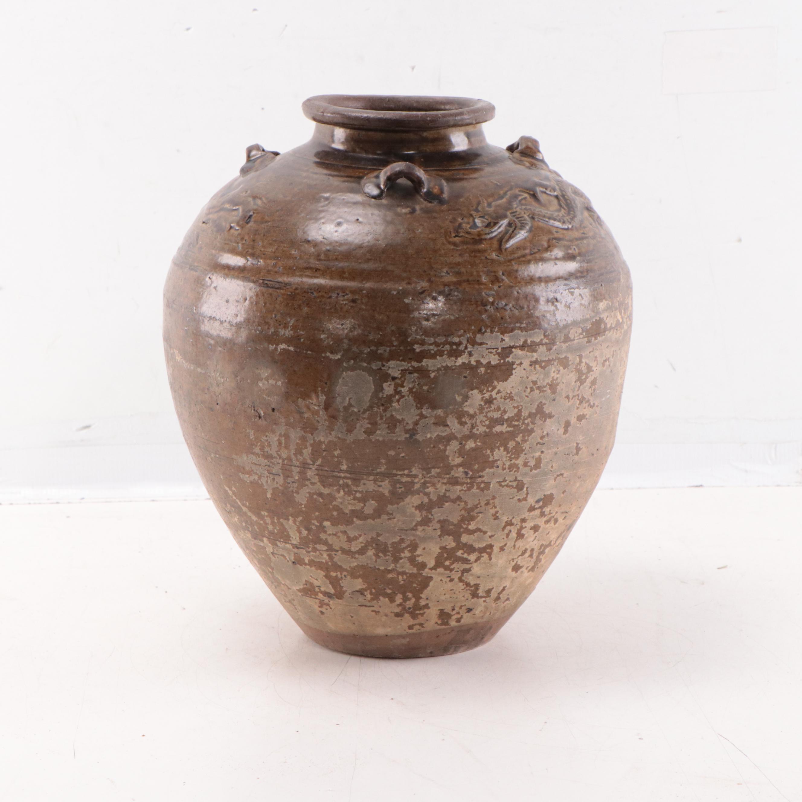 Chinese Ceramic Burial Jar With Dragon Motif, Probably Song Dynasty