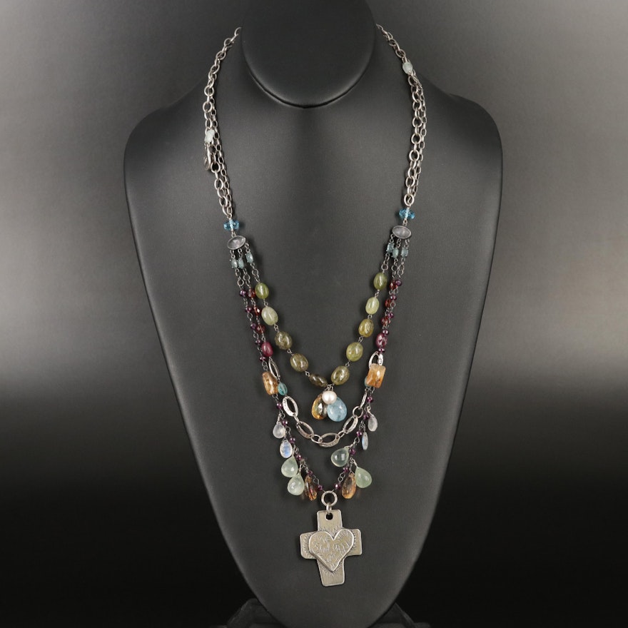 Jes MaHarry Sterling Cross Necklace Including Pearl, Prehnite and Citrine