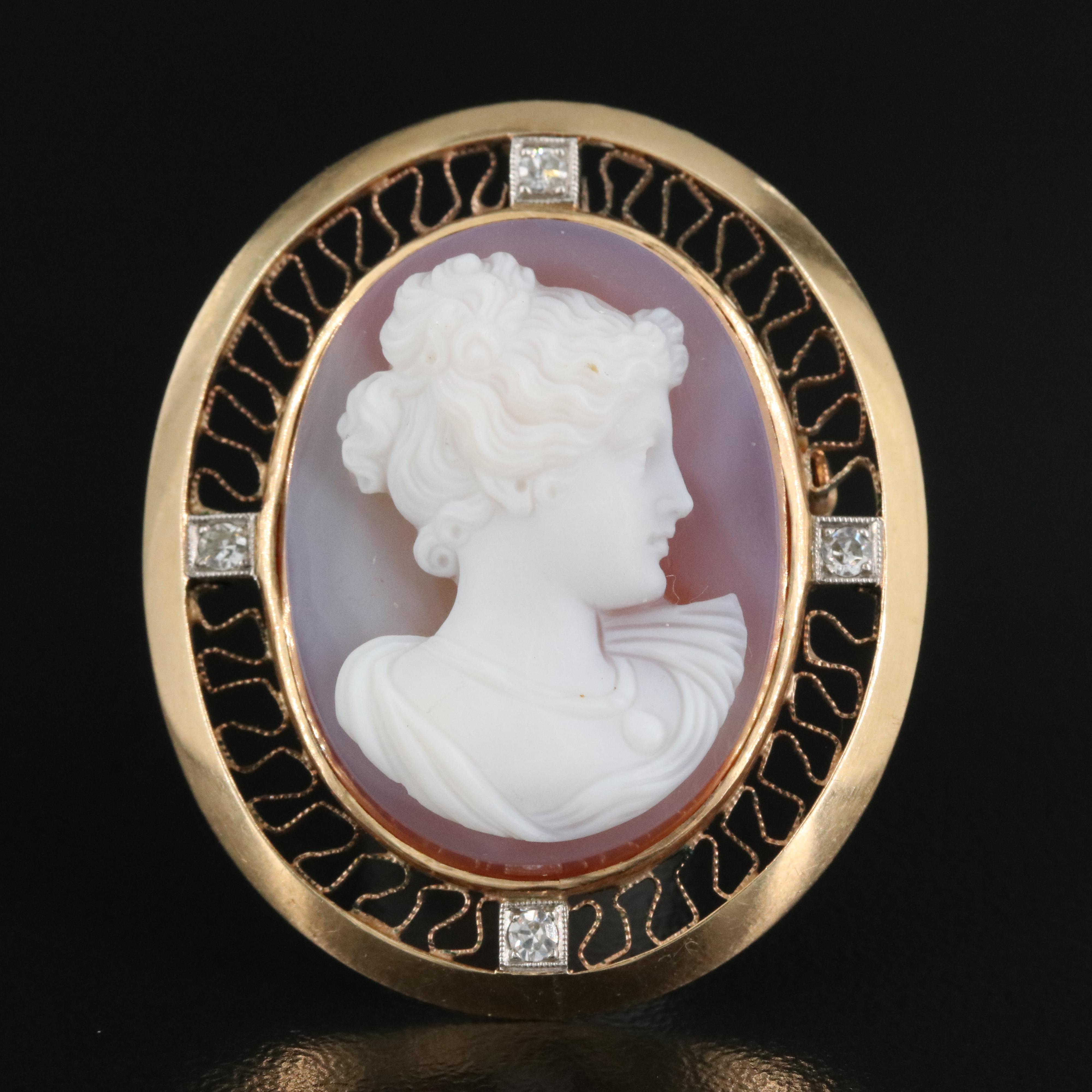 14K Agate Cameo and Diamond Pendant