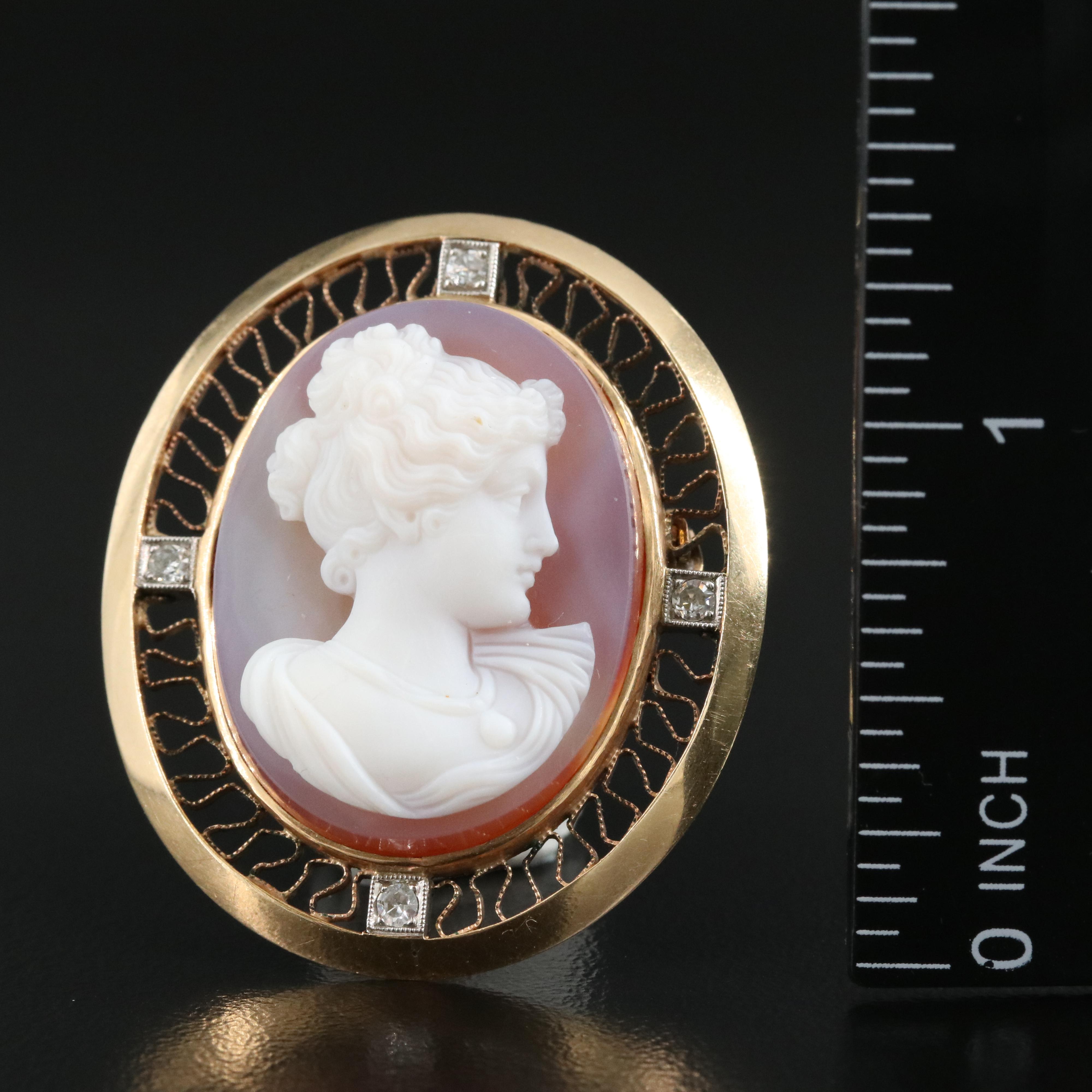 14K Agate Cameo and Diamond Pendant