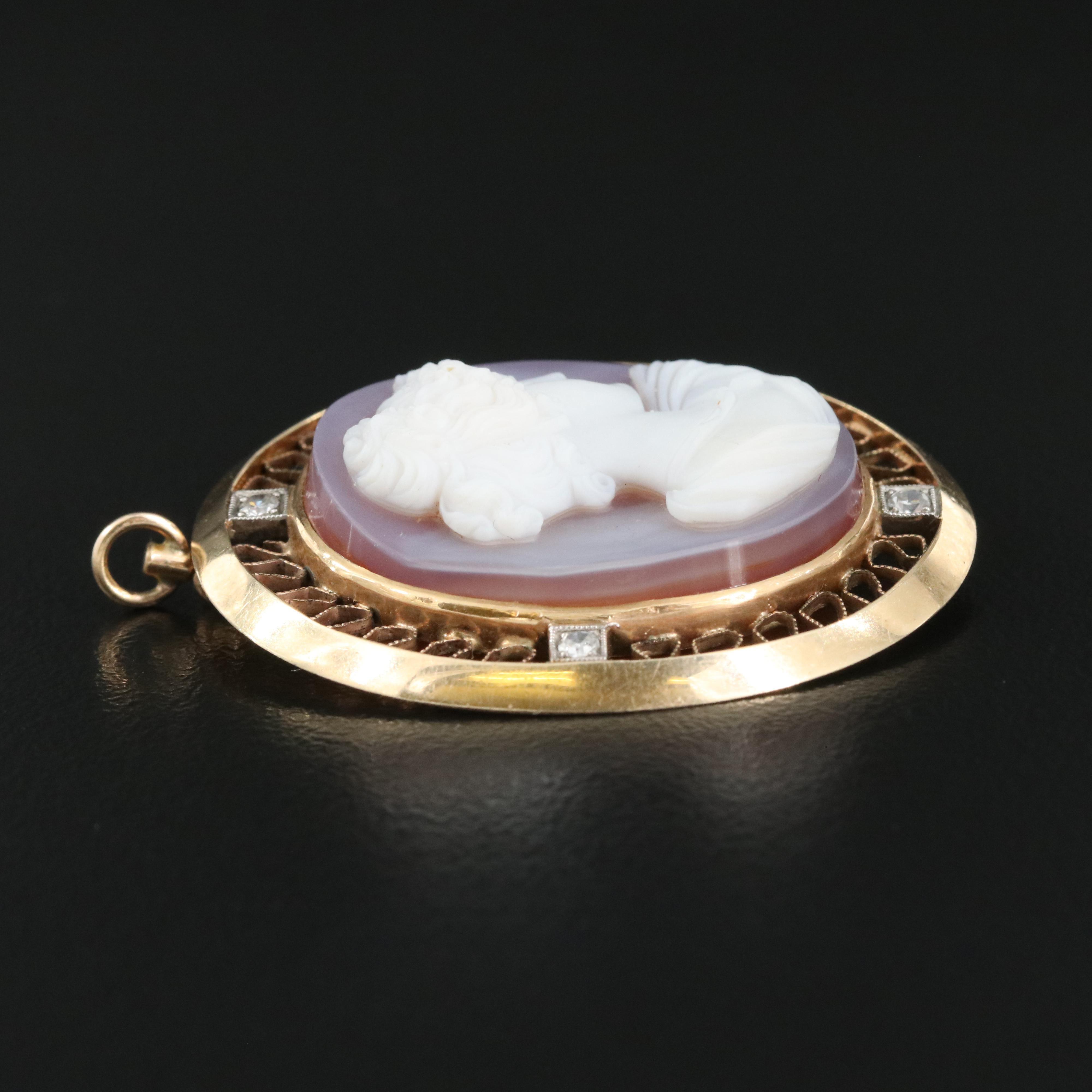 14K Agate Cameo and Diamond Pendant