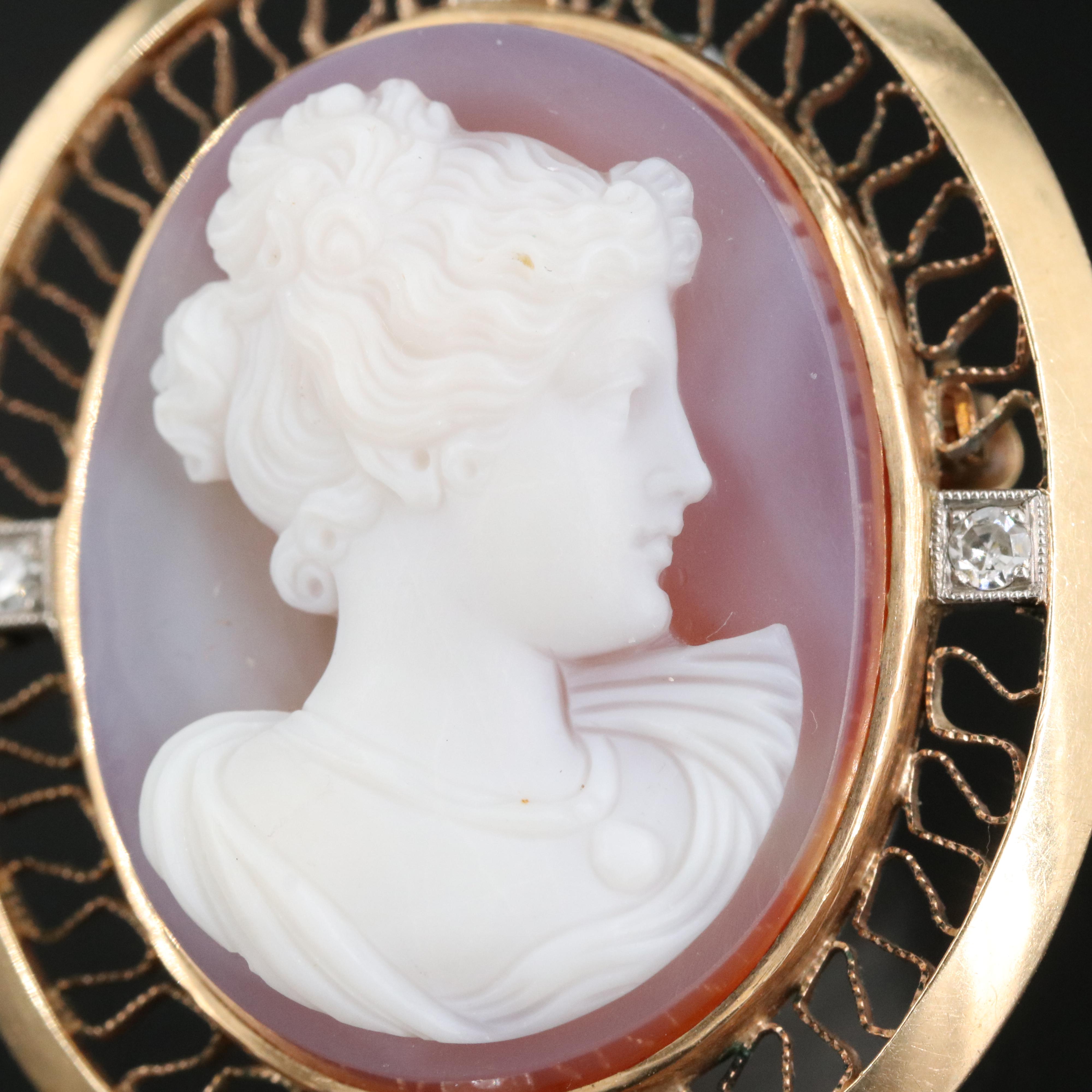 14K Agate Cameo and Diamond Pendant