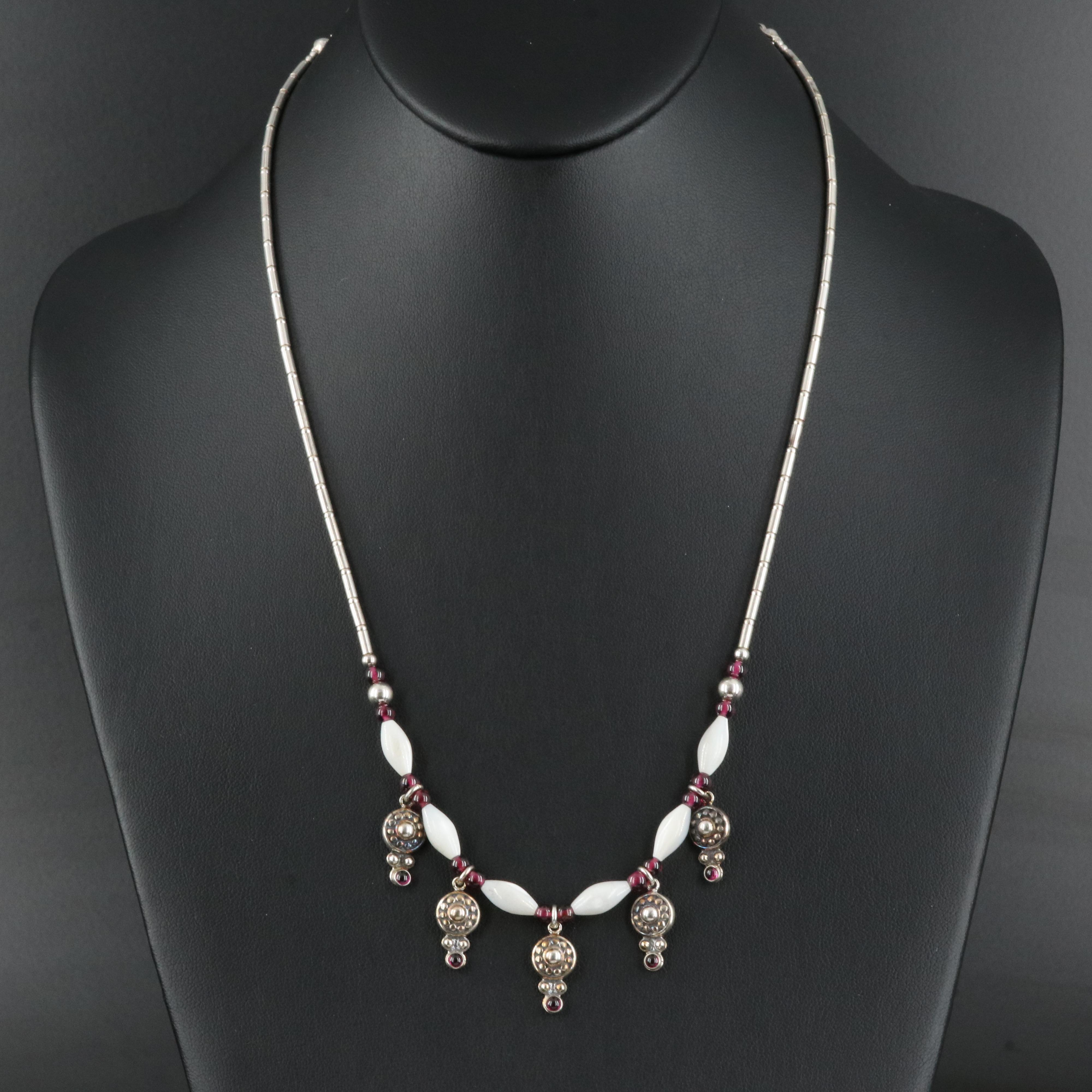 Sterling Mother-of-Pearl and Rhodolite Garnet Fringe Necklace