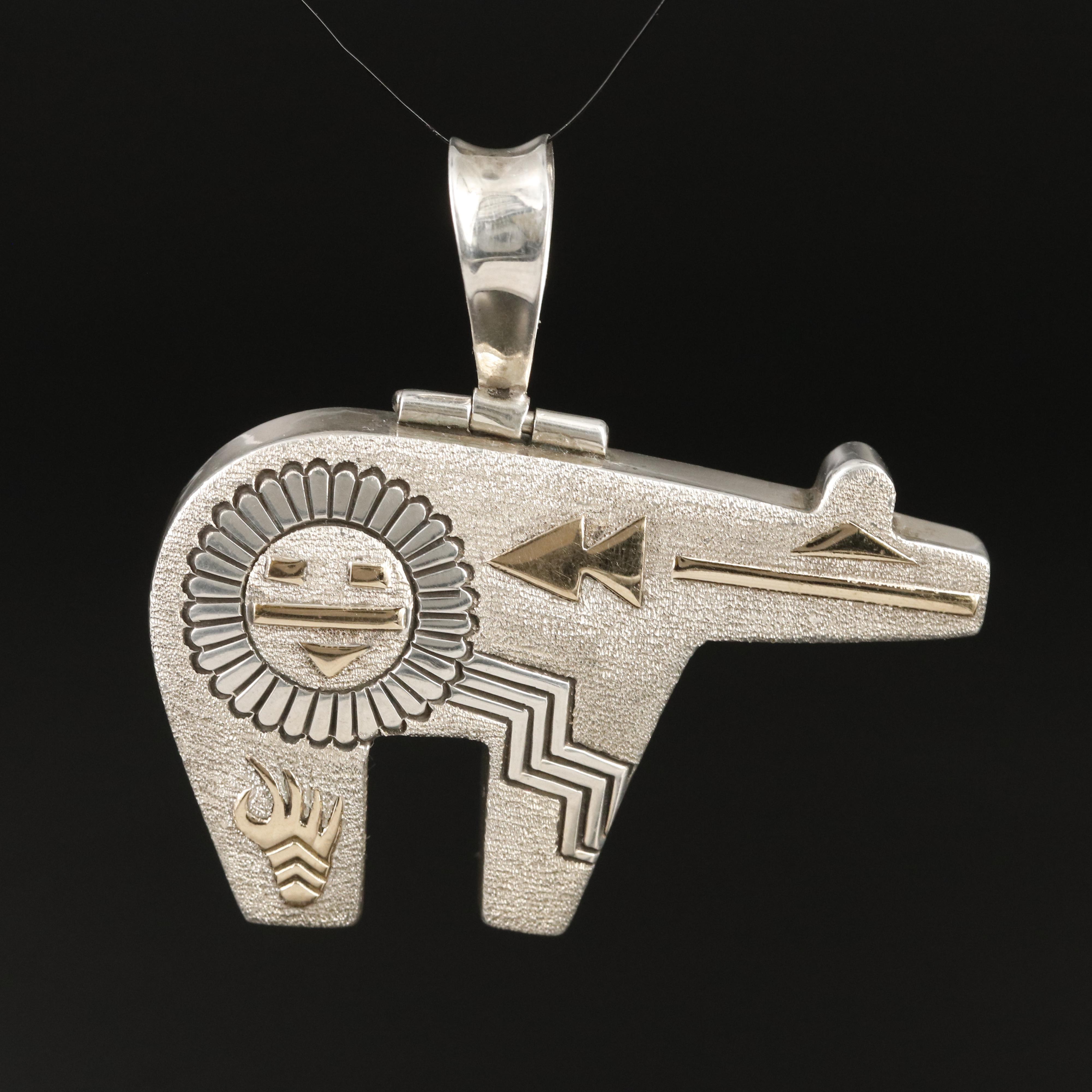 Jack Tom Navajo Diné Sterling Spirit Bear Pendant with 14K Overlay Accents