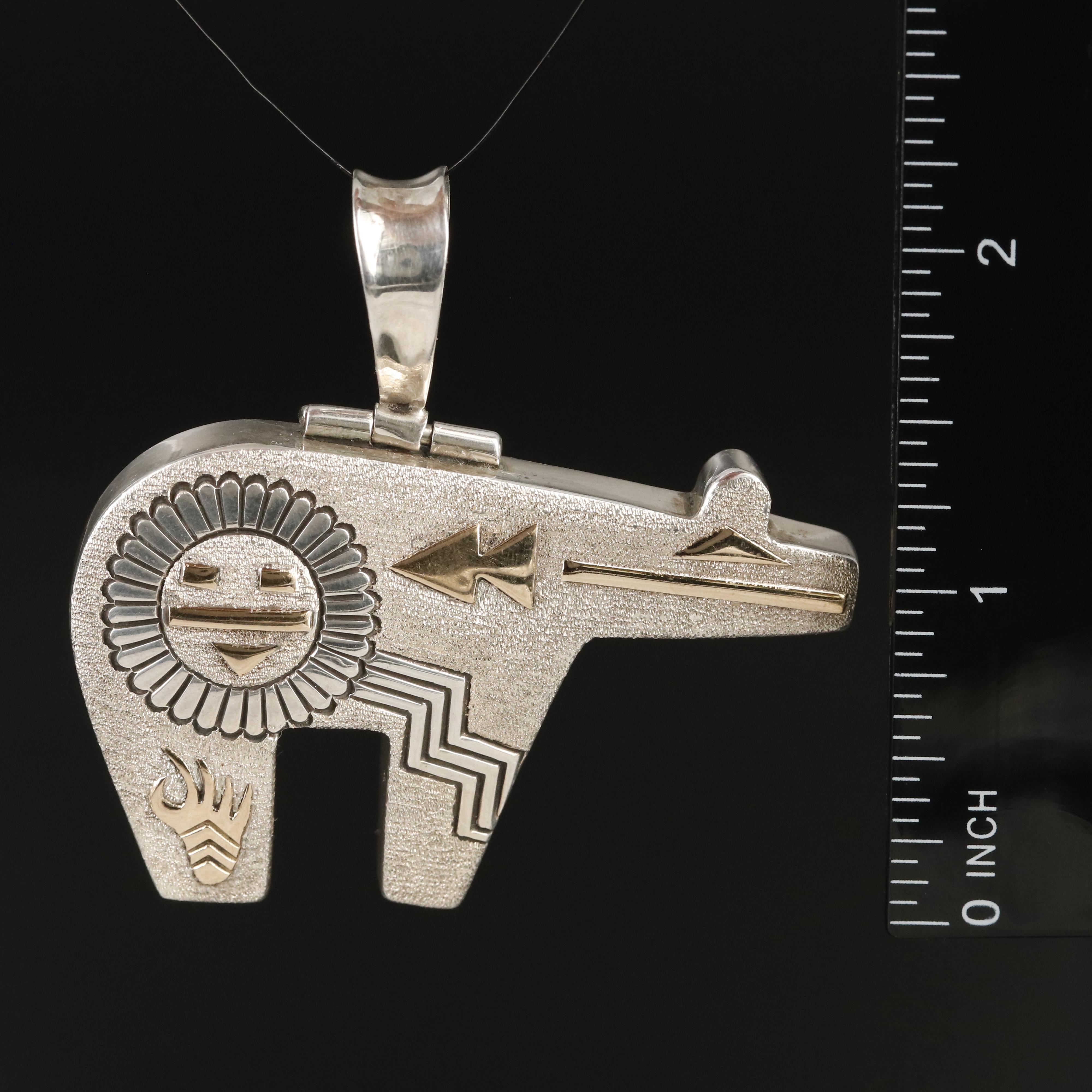 Jack Tom Navajo Diné Sterling Spirit Bear Pendant with 14K Overlay Accents