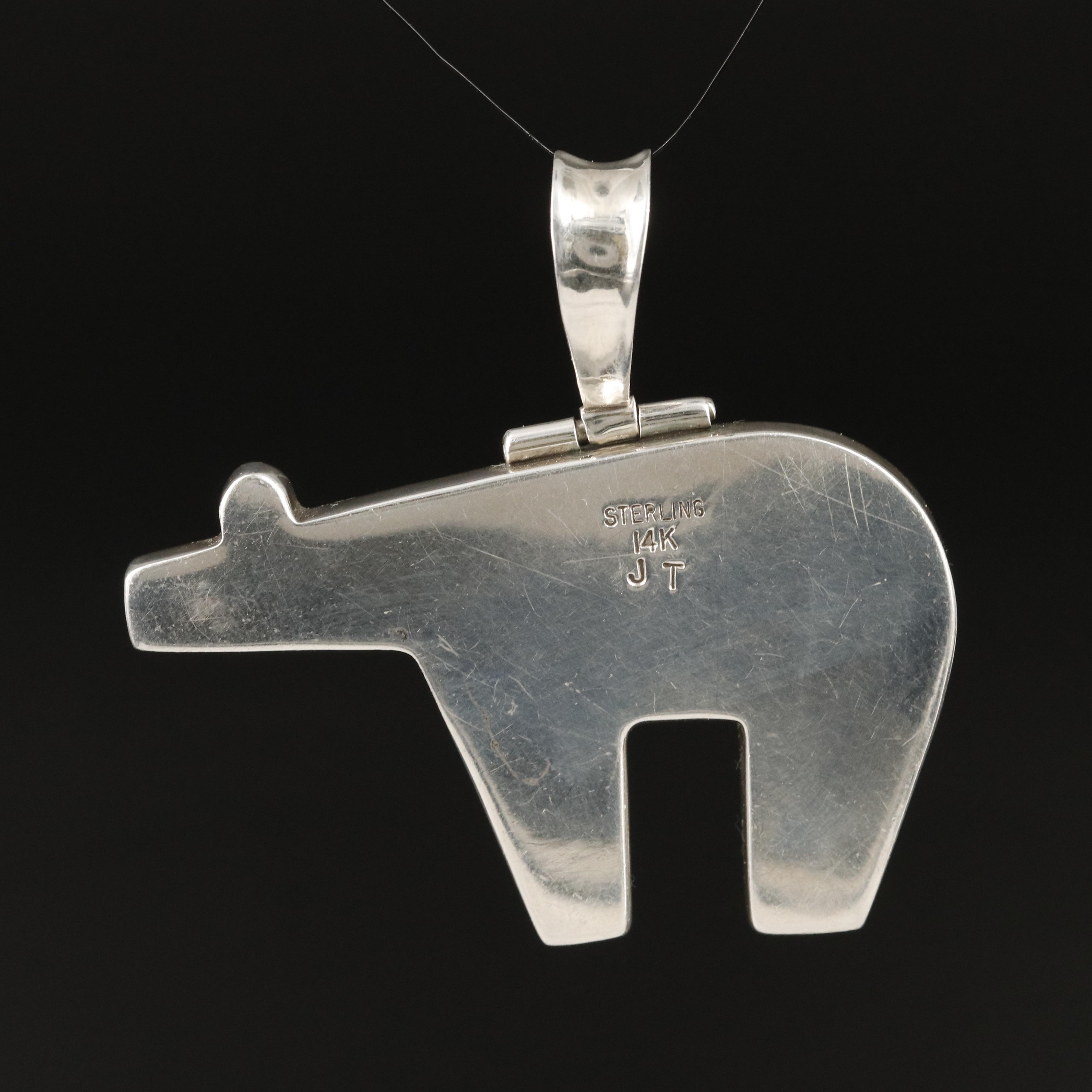 Jack Tom Navajo Diné Sterling Spirit Bear Pendant with 14K Overlay Accents