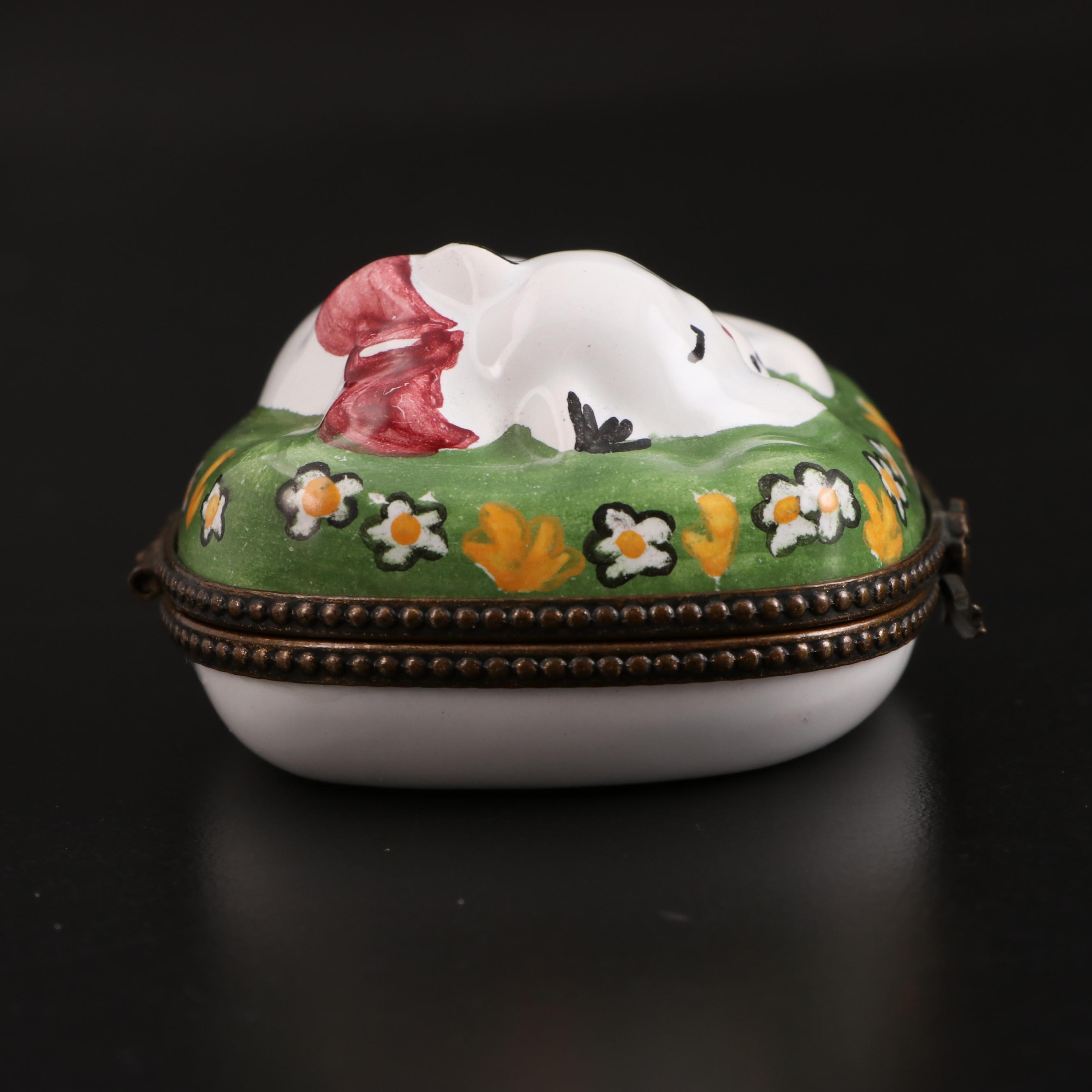 French Enameled Porcelain Sleeping Cat Motif Trinket Box