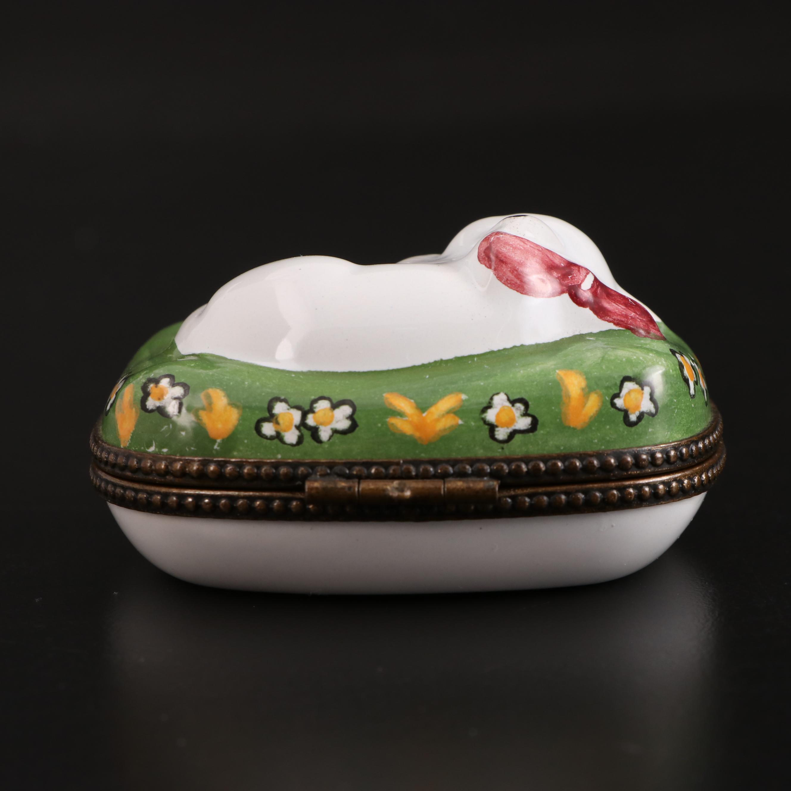 French Enameled Porcelain Sleeping Cat Motif Trinket Box