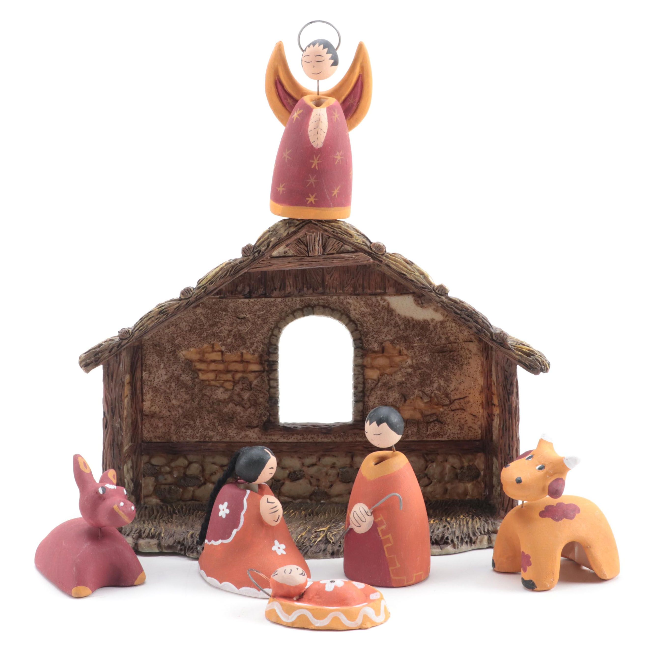Mexican Ceramic Nativity Figurines with Resin Backdrop