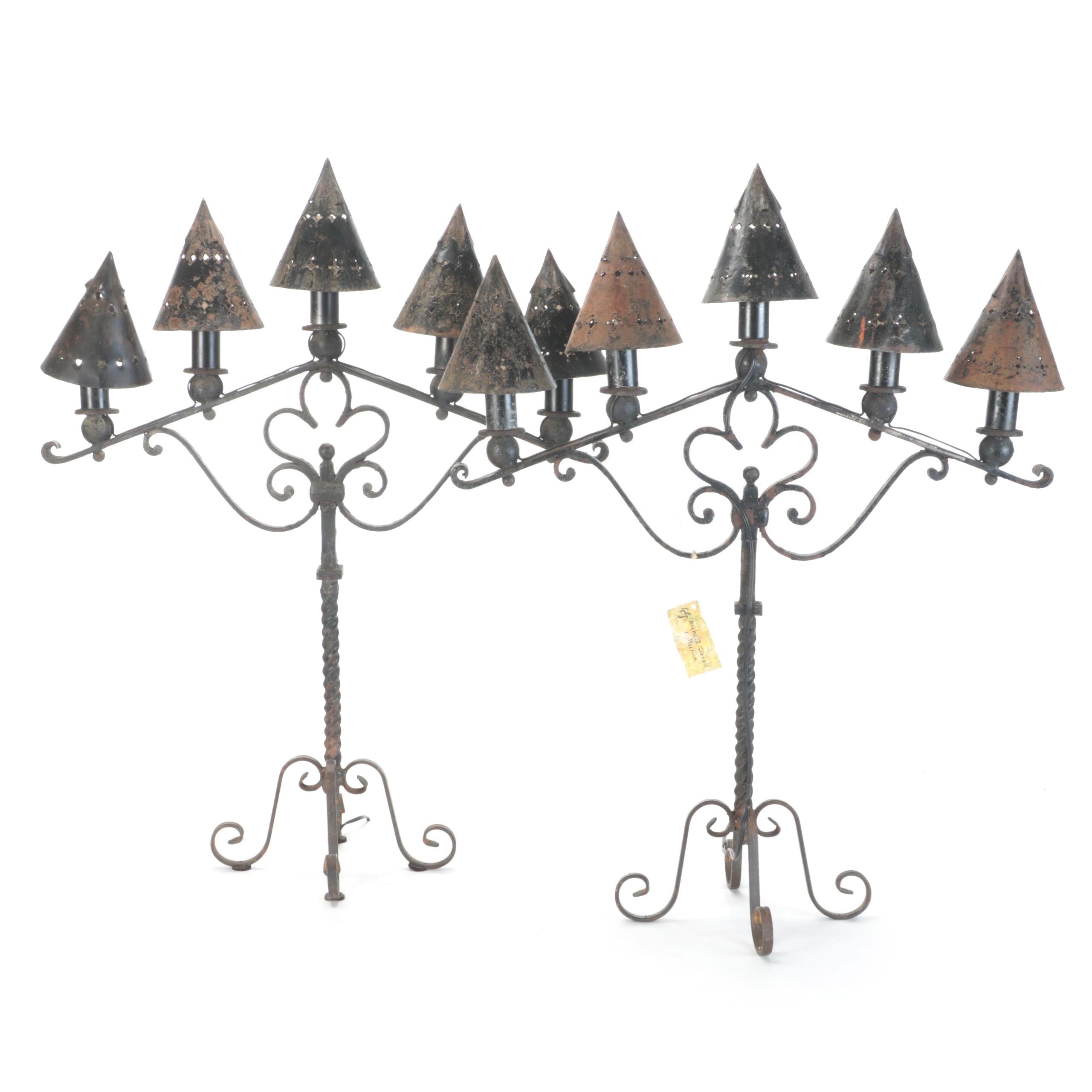 Mexican Wrought Iron Five-Arm Electrified Candelabras, Early 20th Century