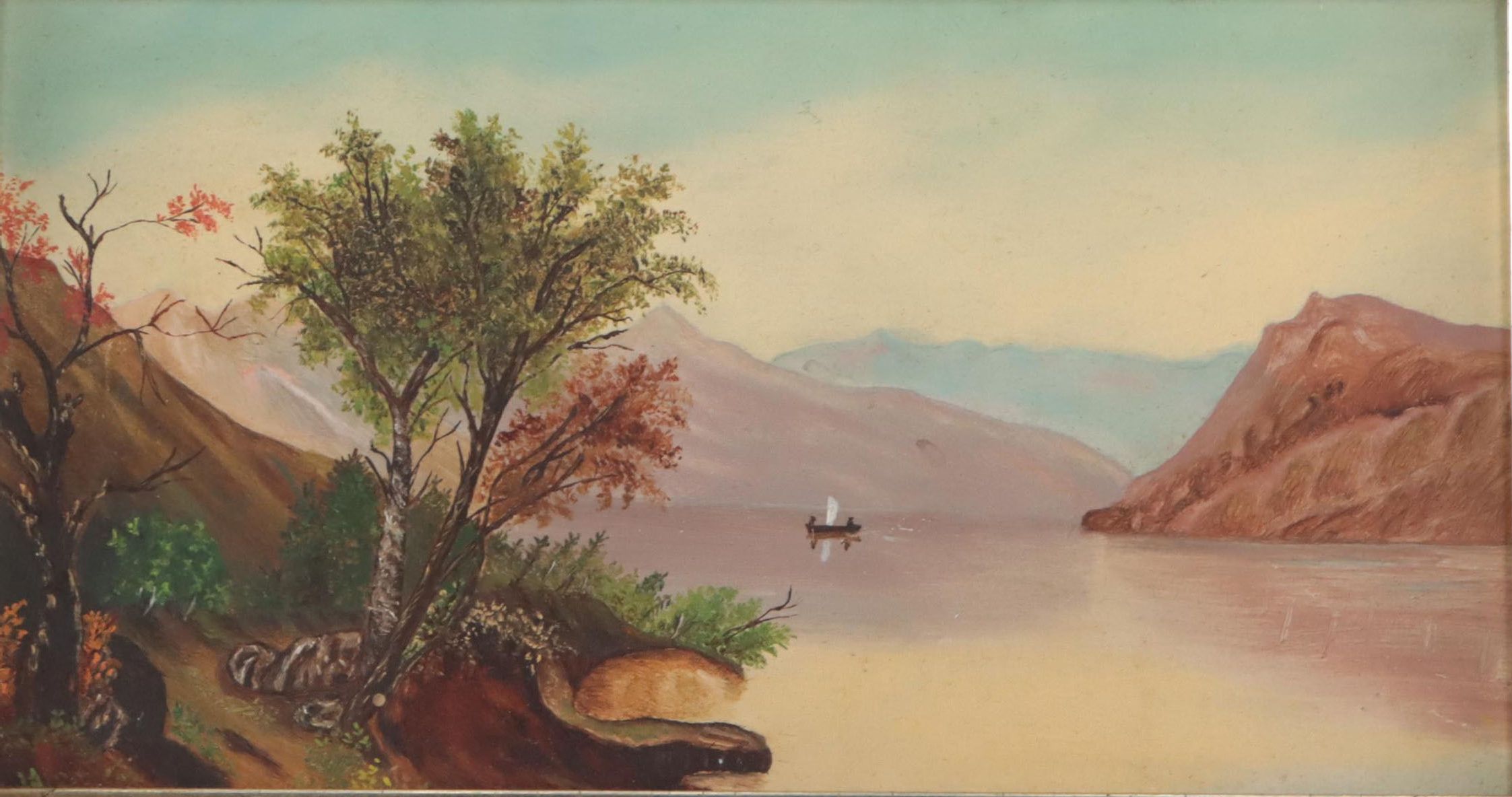 Mountain Lakescape Oil Painting, Early 20th Century
