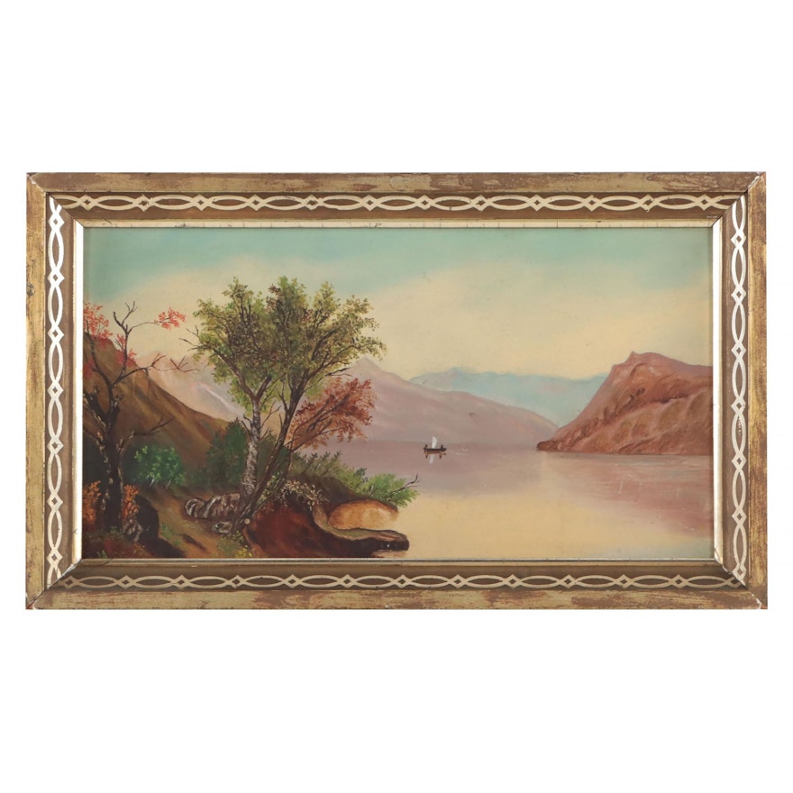 Mountain Lakescape Oil Painting, Early 20th Century