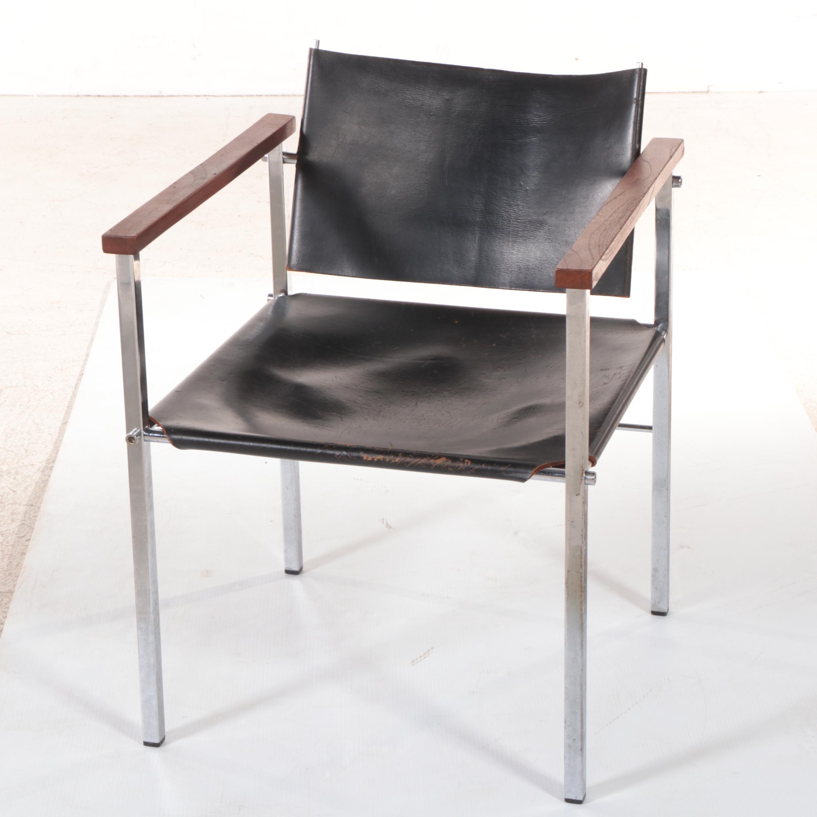 Pair of Modernist Chromed Steel, Leather Sling, and Walnut Armchairs
