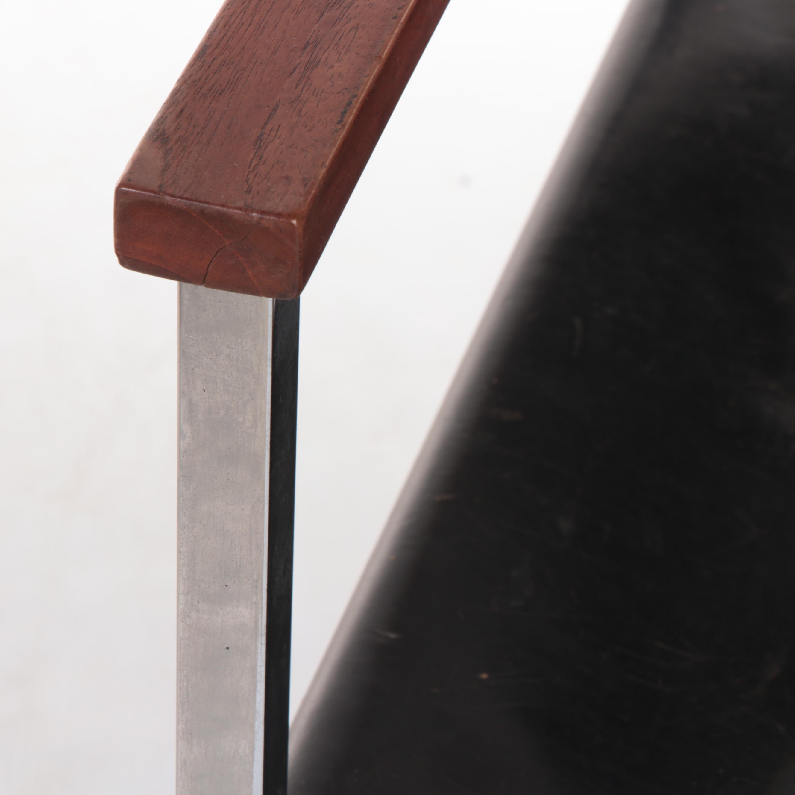 Pair of Modernist Chromed Steel, Leather Sling, and Walnut Armchairs