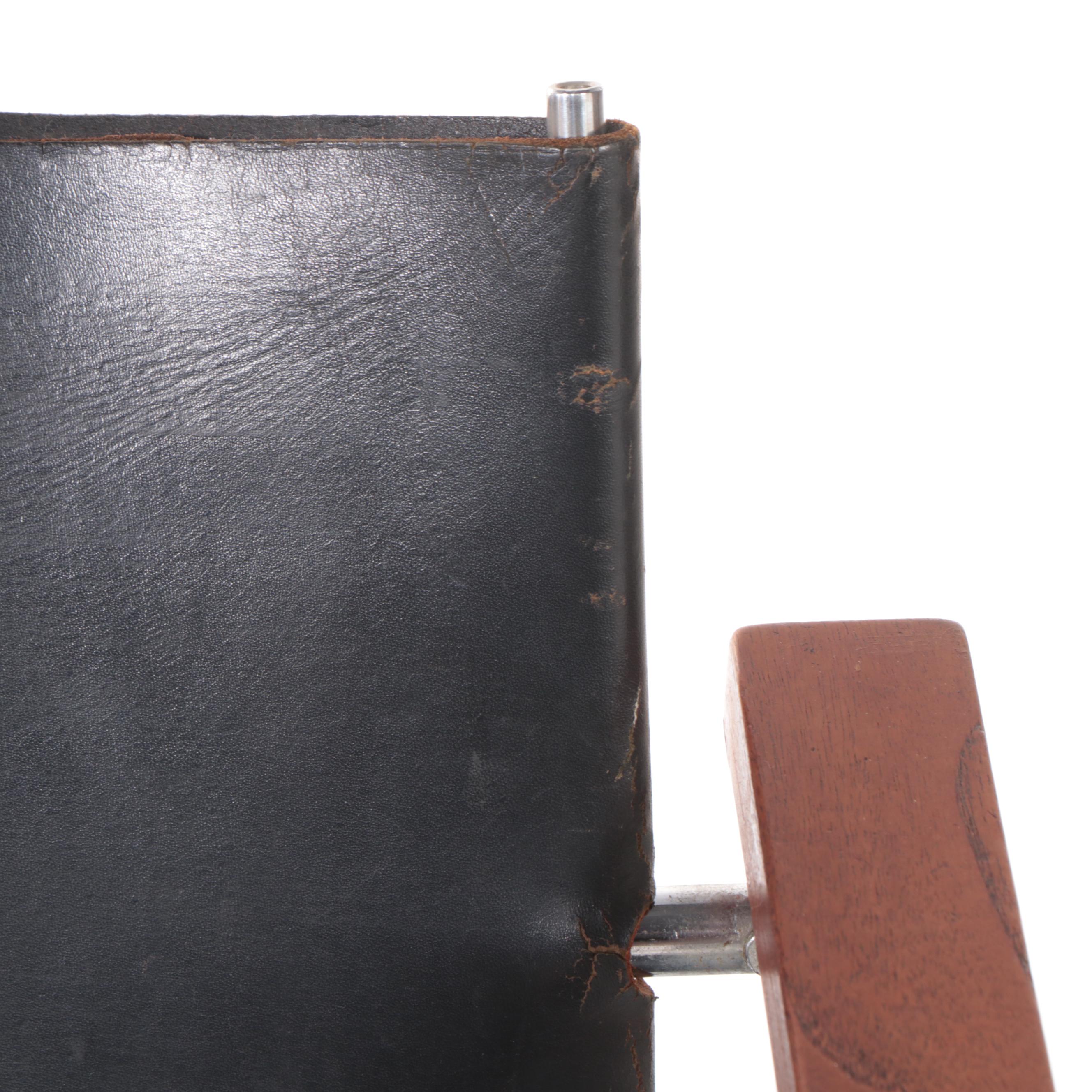 Pair of Modernist Chromed Steel, Leather Sling, and Walnut Armchairs