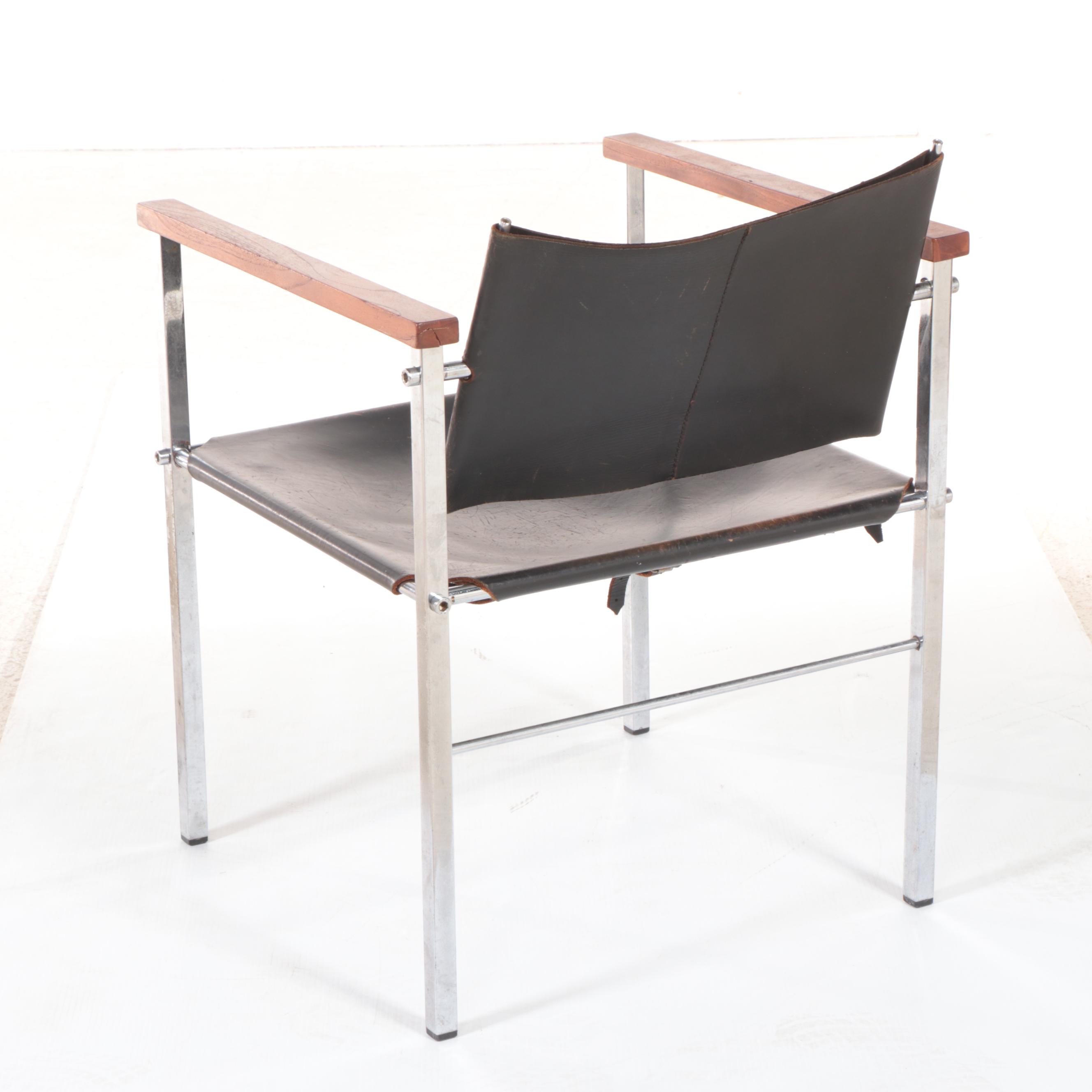 Pair of Modernist Chromed Steel, Leather Sling, and Walnut Armchairs