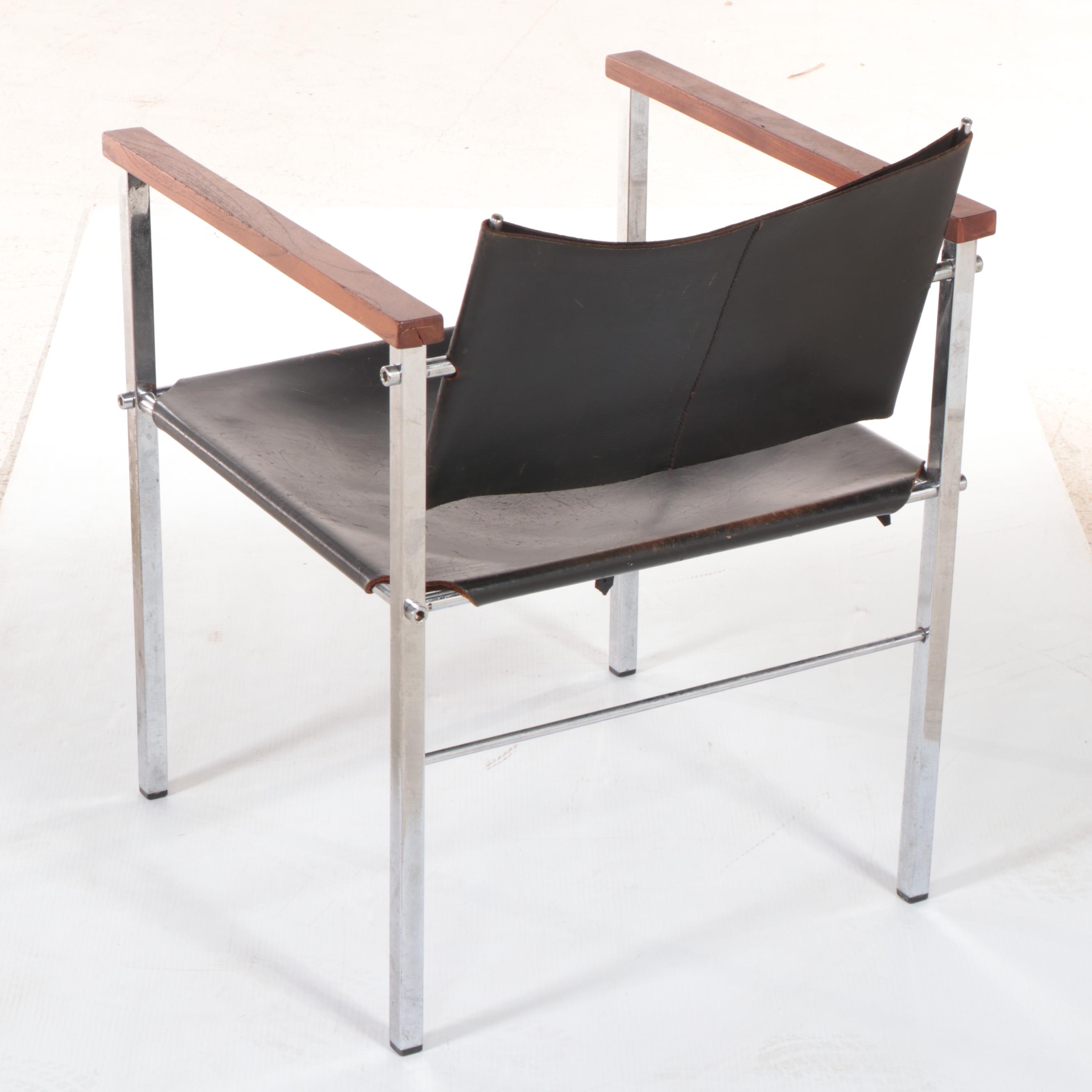 Pair of Modernist Chromed Steel, Leather Sling, and Walnut Armchairs