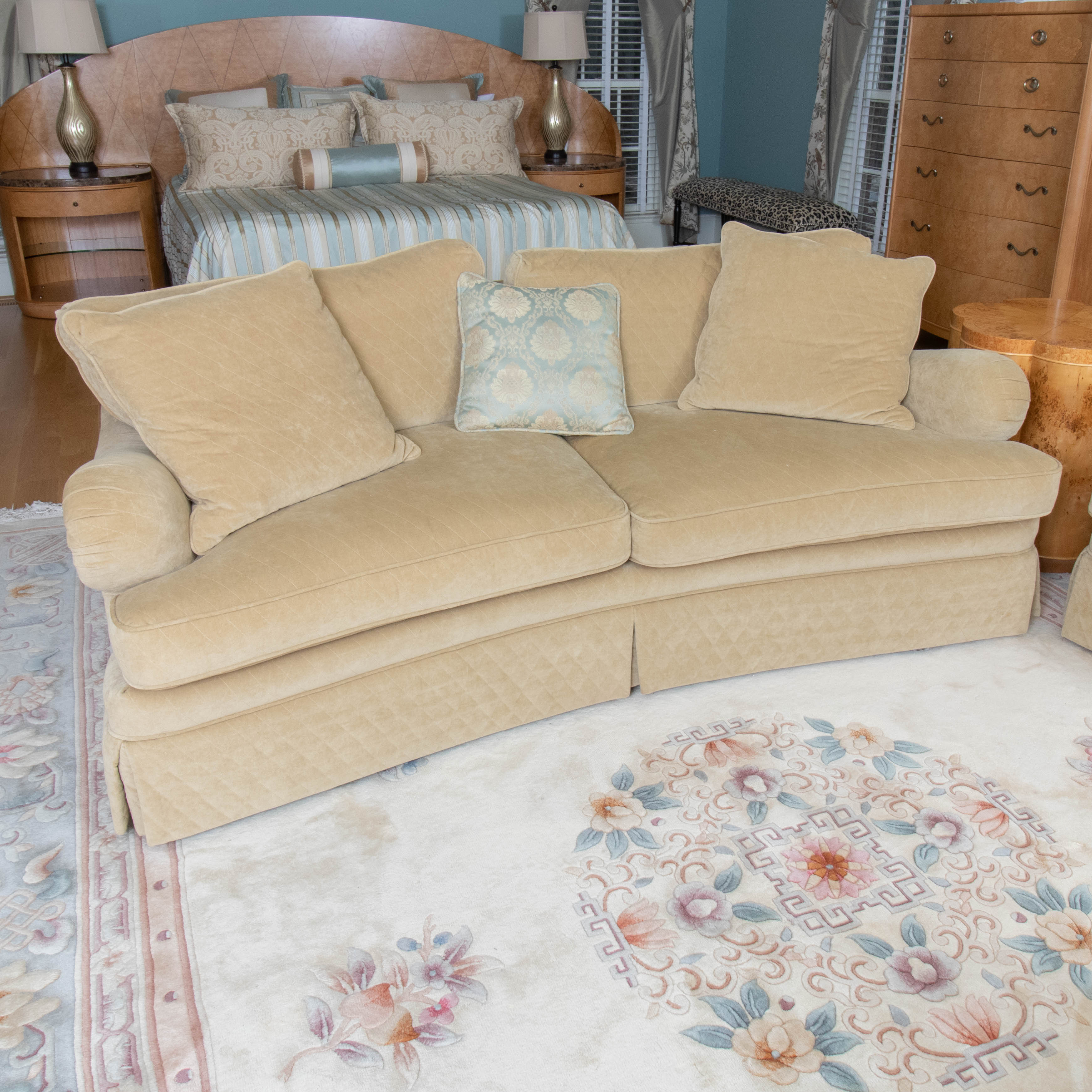 Century Chartreuse Velour Upholstered Rolled-Arm Sofa