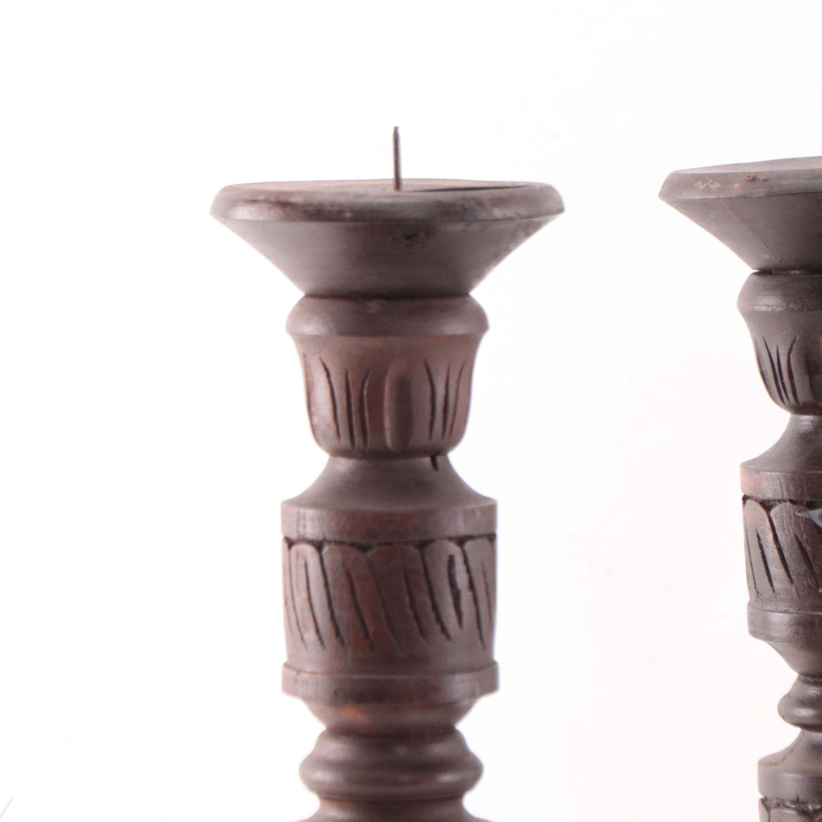 Filipino Spanish-Colonial Style Mahogany Balustrade Candlesticks