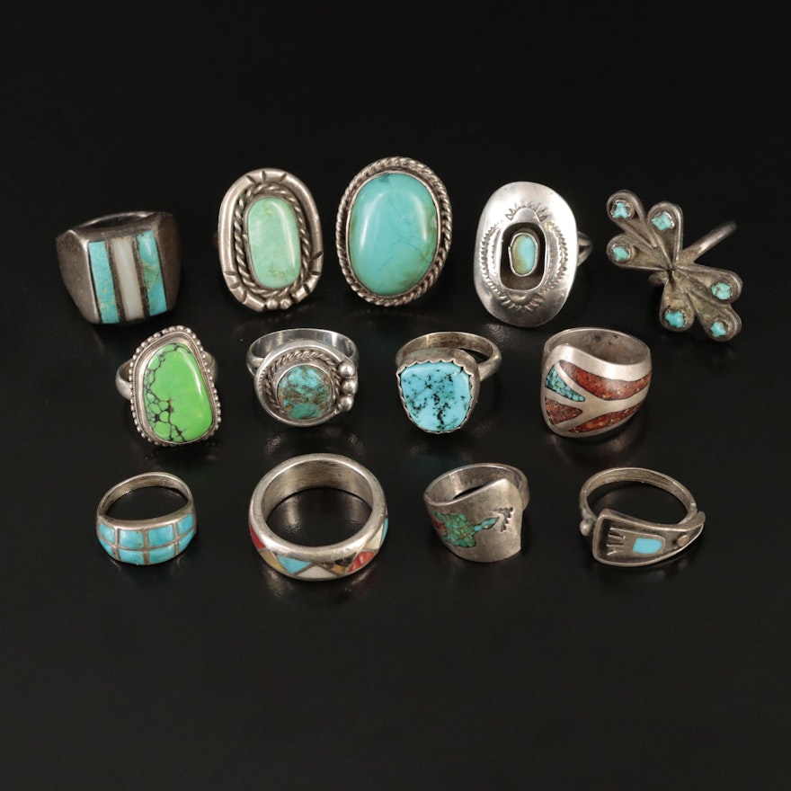 Sterling Rings Including Turquoise, Coral and Mother-of-Pearl