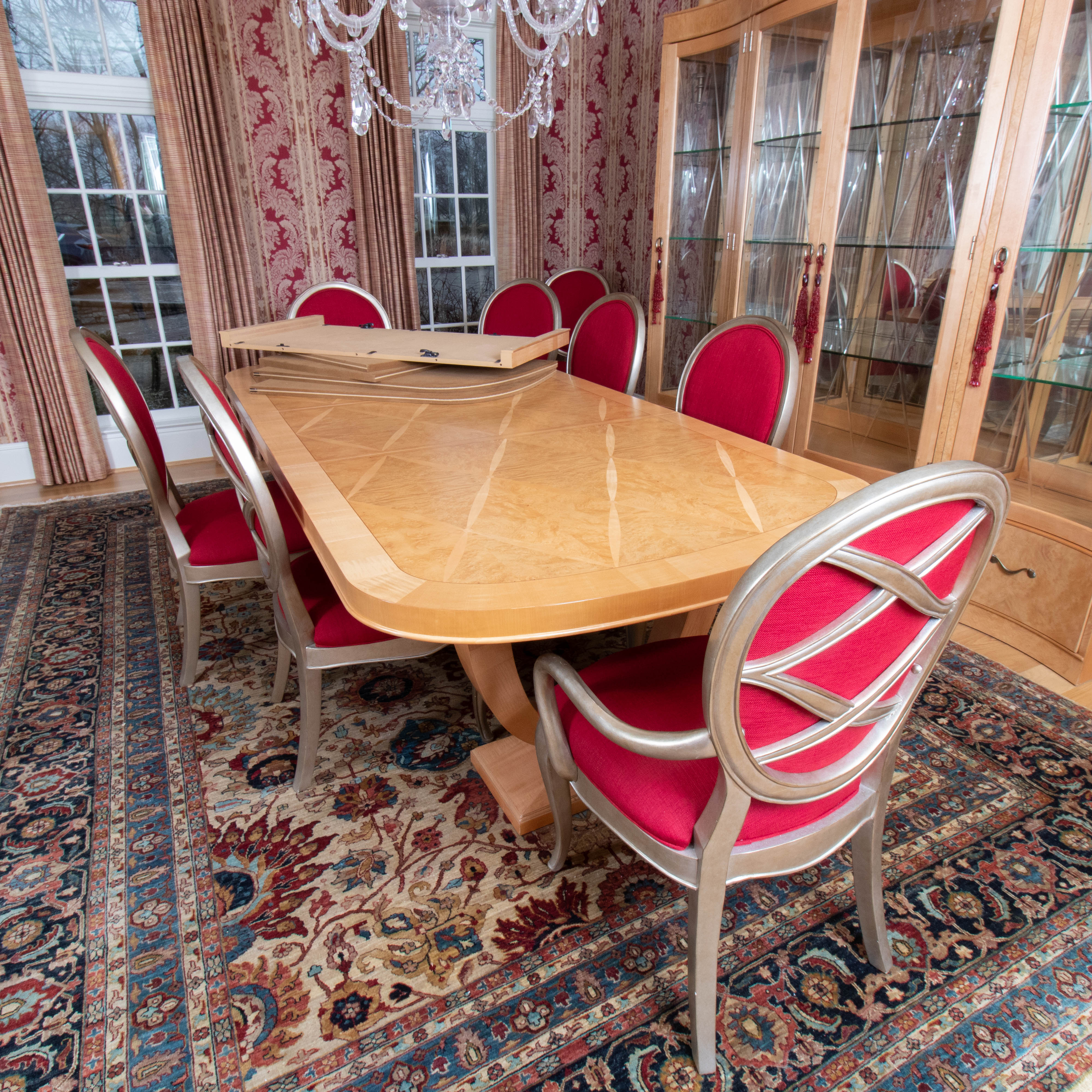 Thomasville "Bogart Luxe" Ash Burl Dining Table and Silver-Gilt Chairs