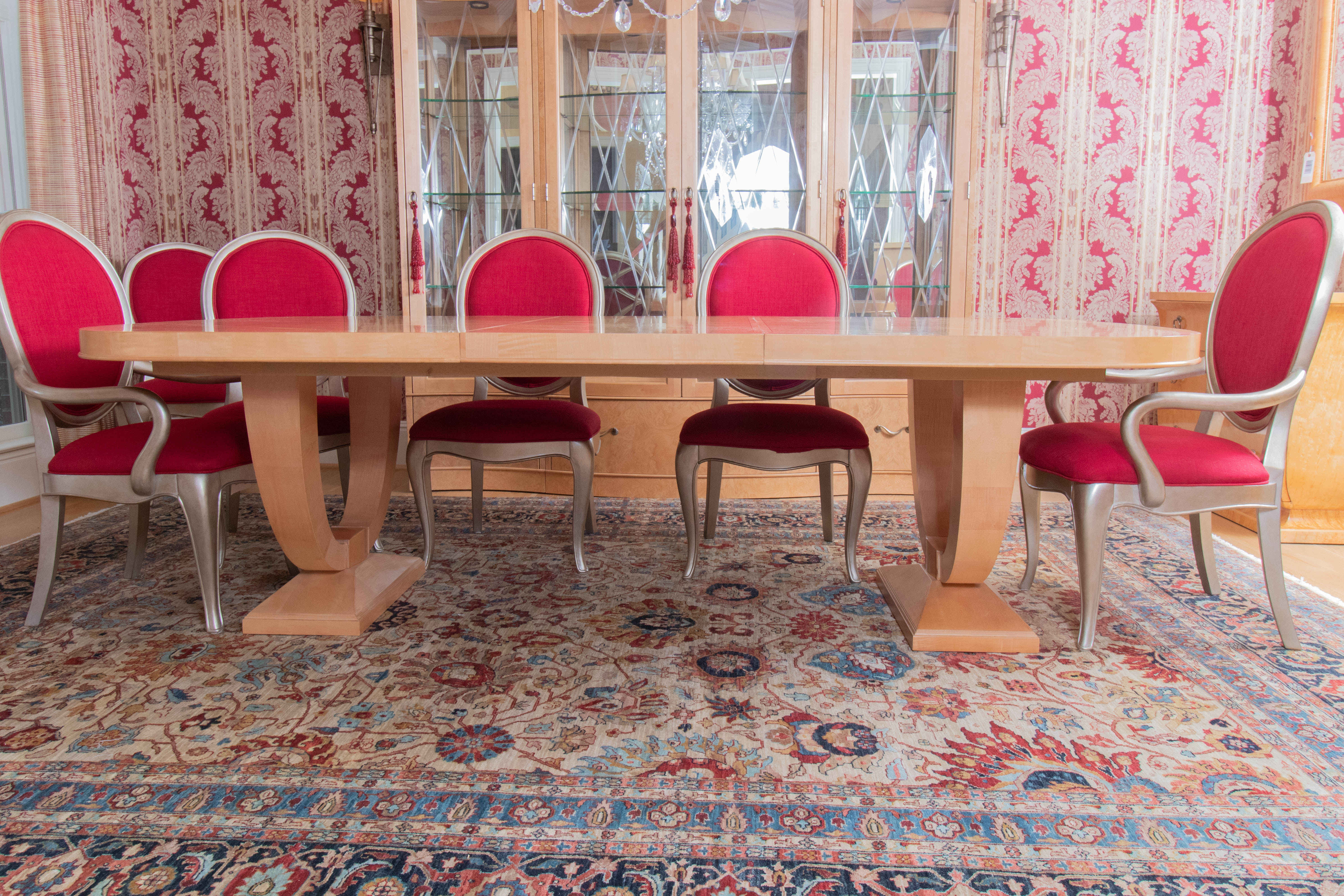 Thomasville "Bogart Luxe" Ash Burl Dining Table and Silver-Gilt Chairs
