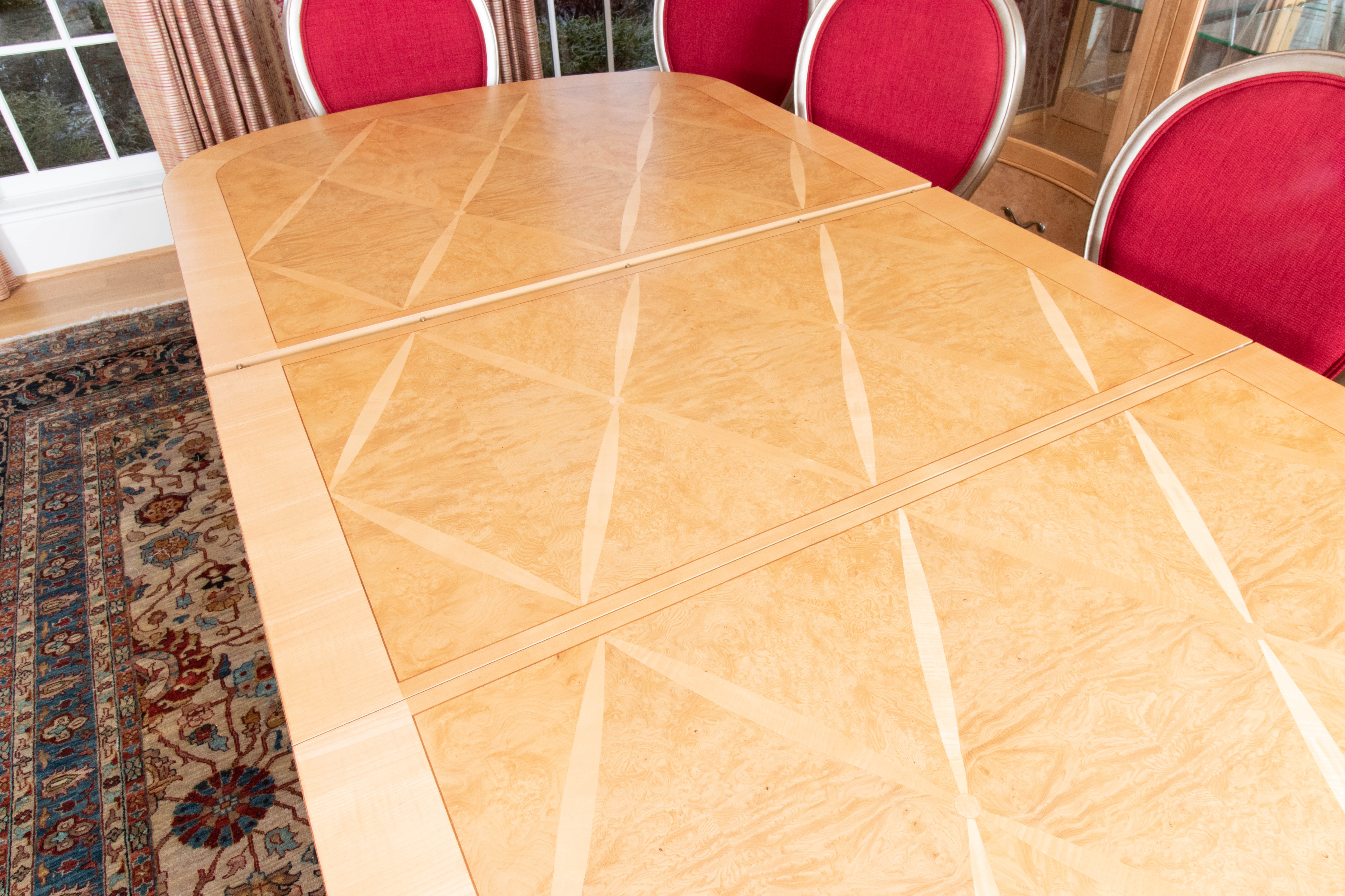 Thomasville "Bogart Luxe" Ash Burl Dining Table and Silver-Gilt Chairs