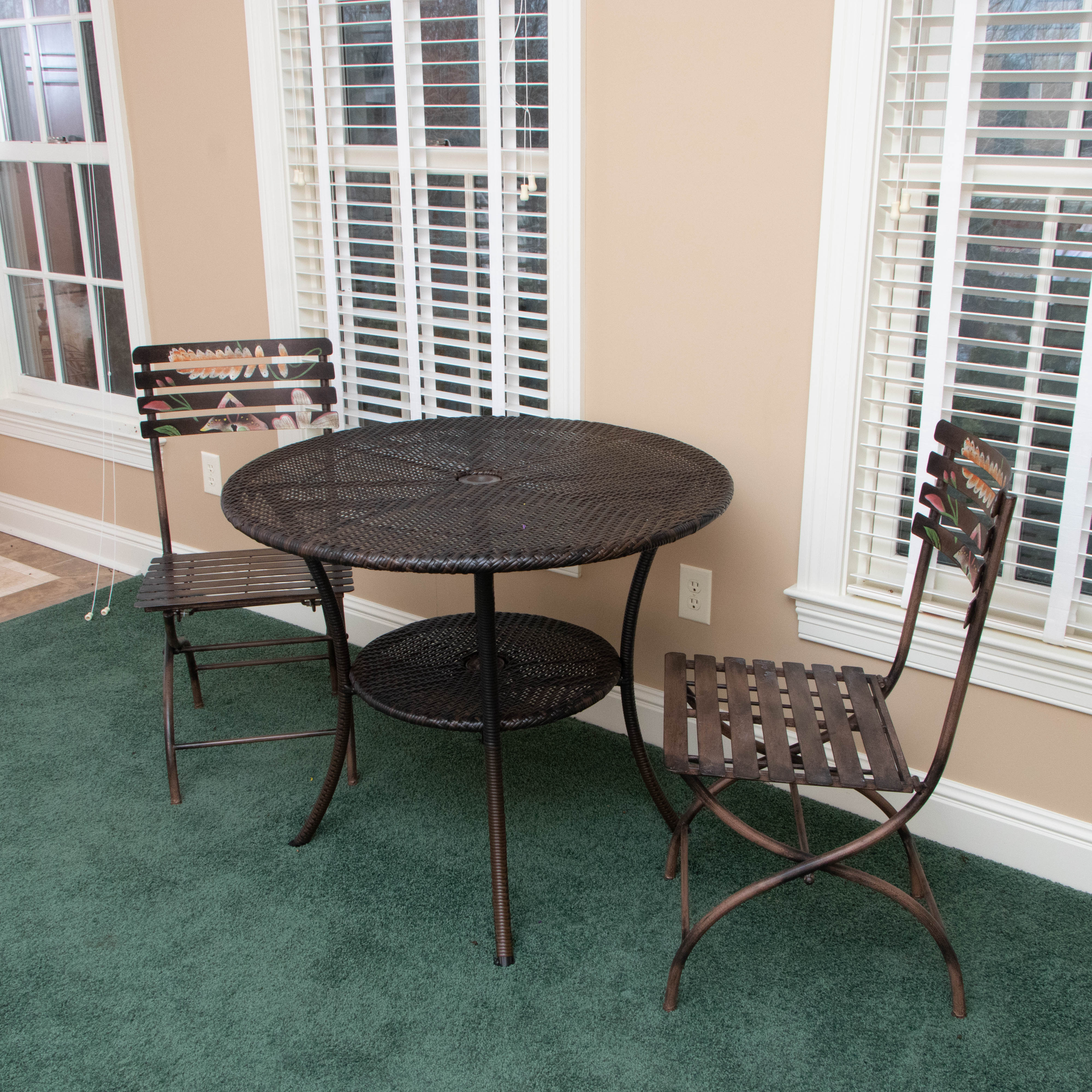 Resin Wicker Patio Table With Hand-Painted Folding Slat Chairs