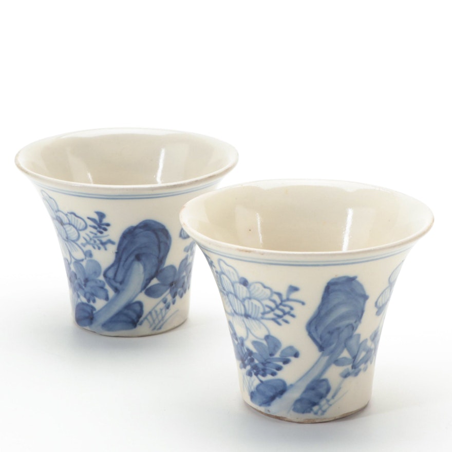 Japanese Hand-Painted Blue and White Porcelain Flared Rim Sake Cups