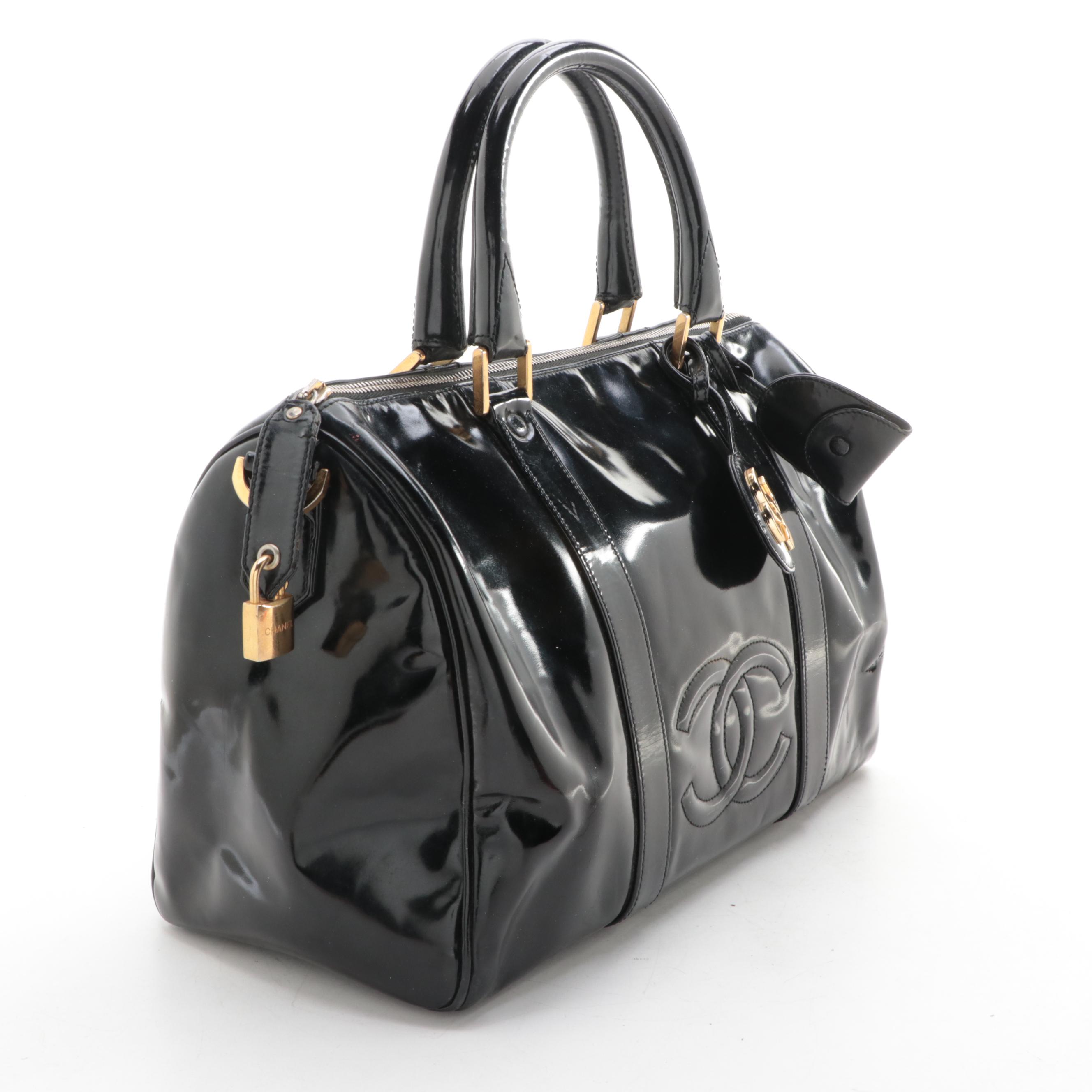 Chanel CC Boston Bag in Black Patent Leather