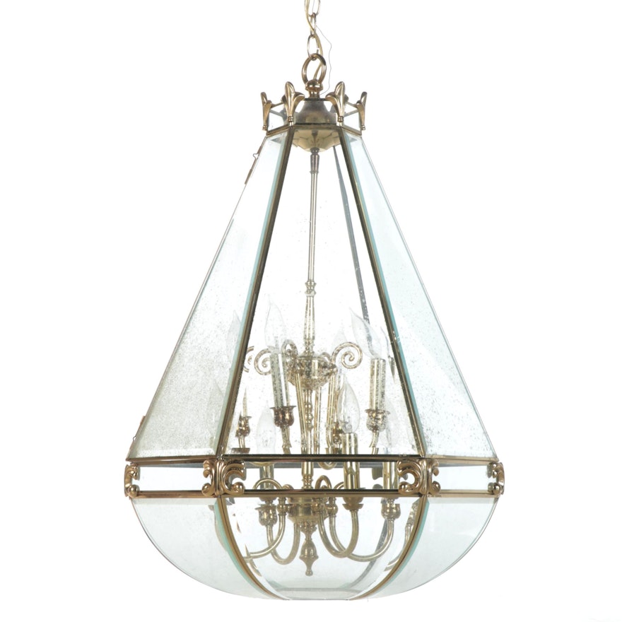 Brass and Glass Eight-Arm Pendant Foyer Light