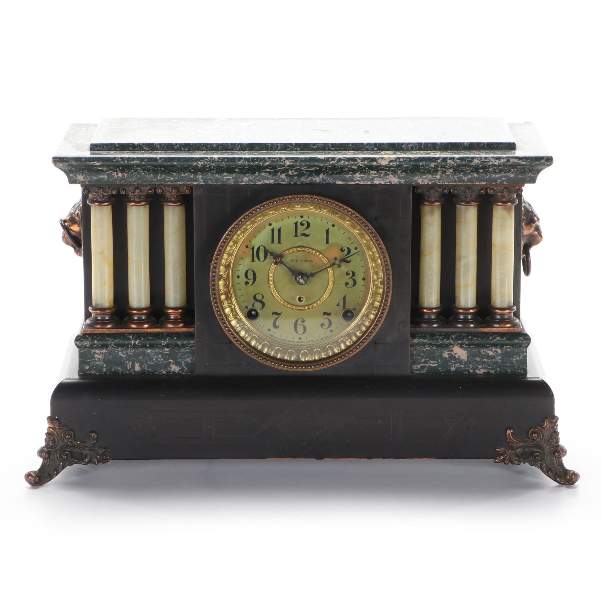 Seth Thomas Adamantine Lions Head Mantel Clock, Late 19th Century